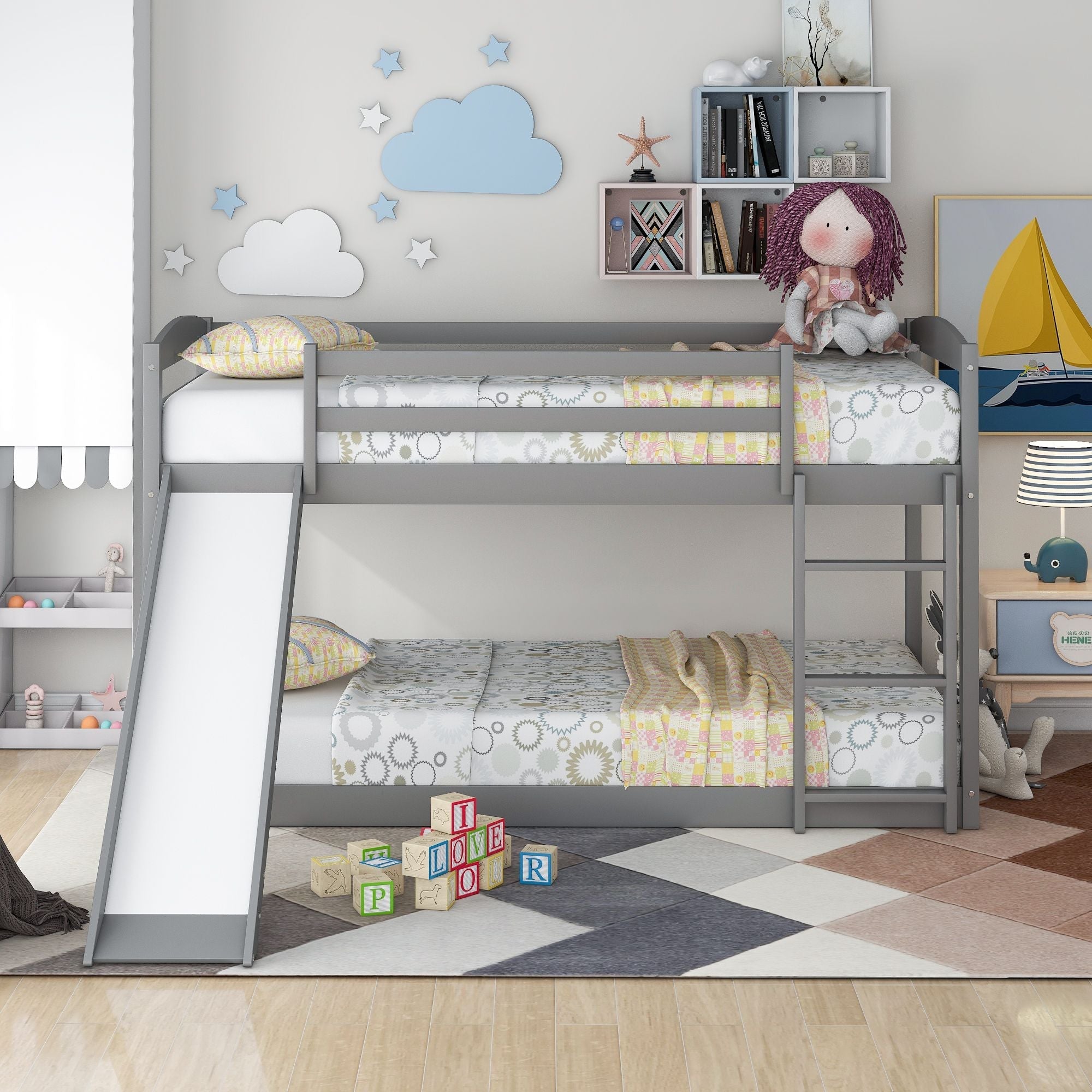 Kids Shared Room Twin over Twin Wood Bunk Bed with Convertible Slide and Ladder Gray | Just Better Bunk Beds