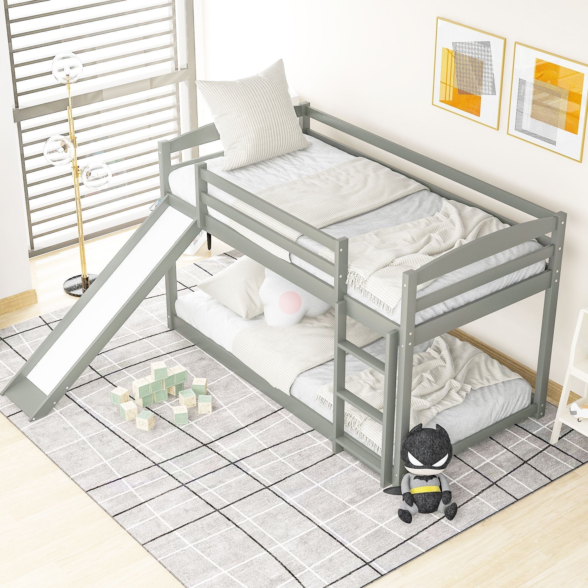 Kids Shared Room Twin over Twin Wood Bunk Bed with Convertible Slide and Ladder Gray | Just Better Bunk Beds