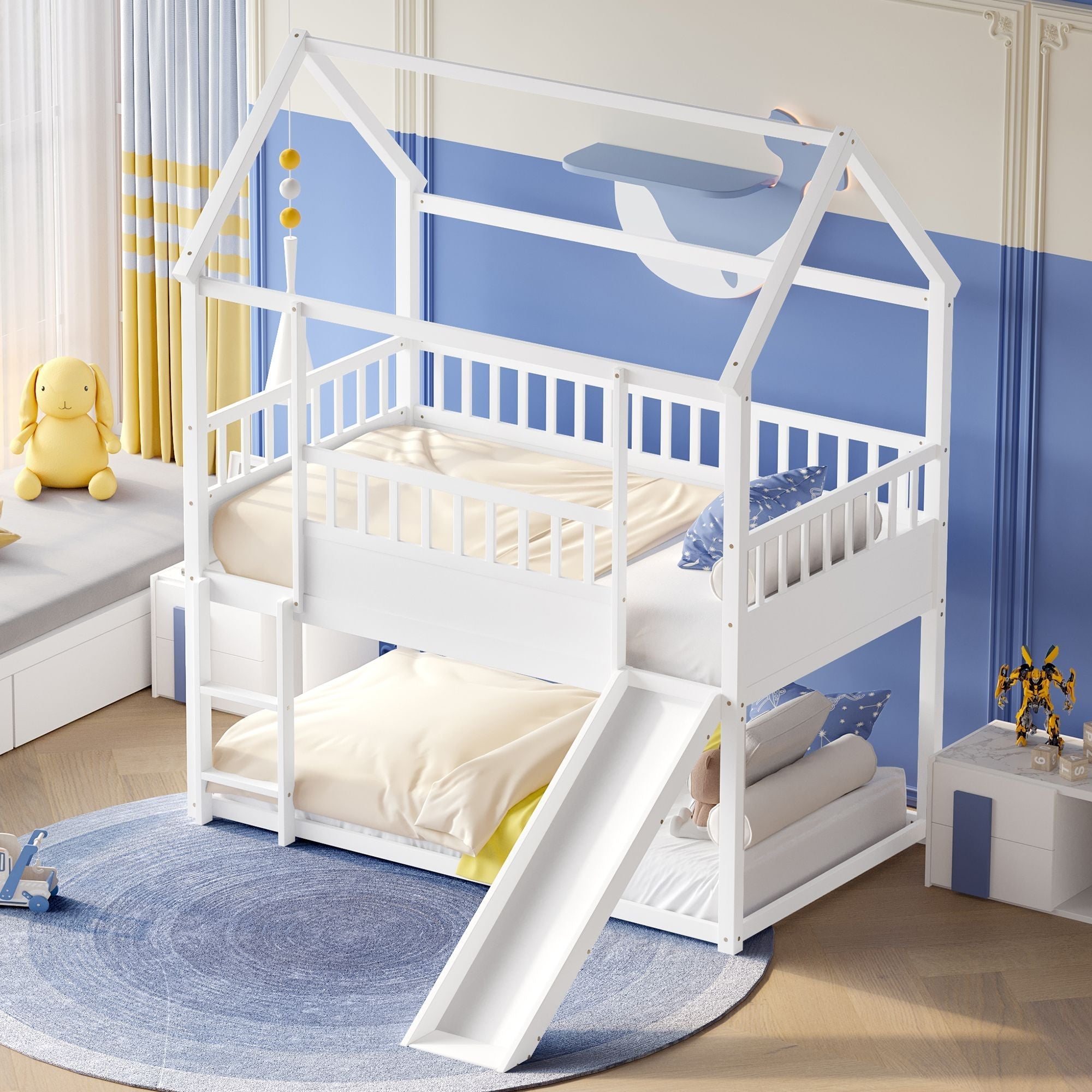 Kids Shared Room Twin Over Twin Wood Bunk Bed with Convertible Slide, Guardrails, White | Just Better Bunk Beds