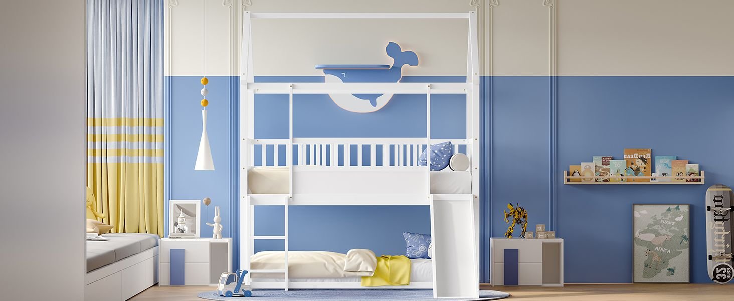 Kids Shared Room Twin Over Twin Wood Bunk Bed with Convertible Slide, Guardrails, White | Just Better Bunk Beds