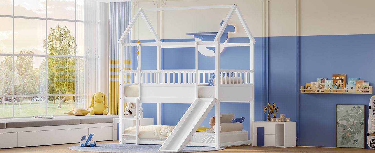 Kids Shared Room Twin Over Twin Wood Bunk Bed with Convertible Slide, Guardrails, White | Just Better Bunk Beds