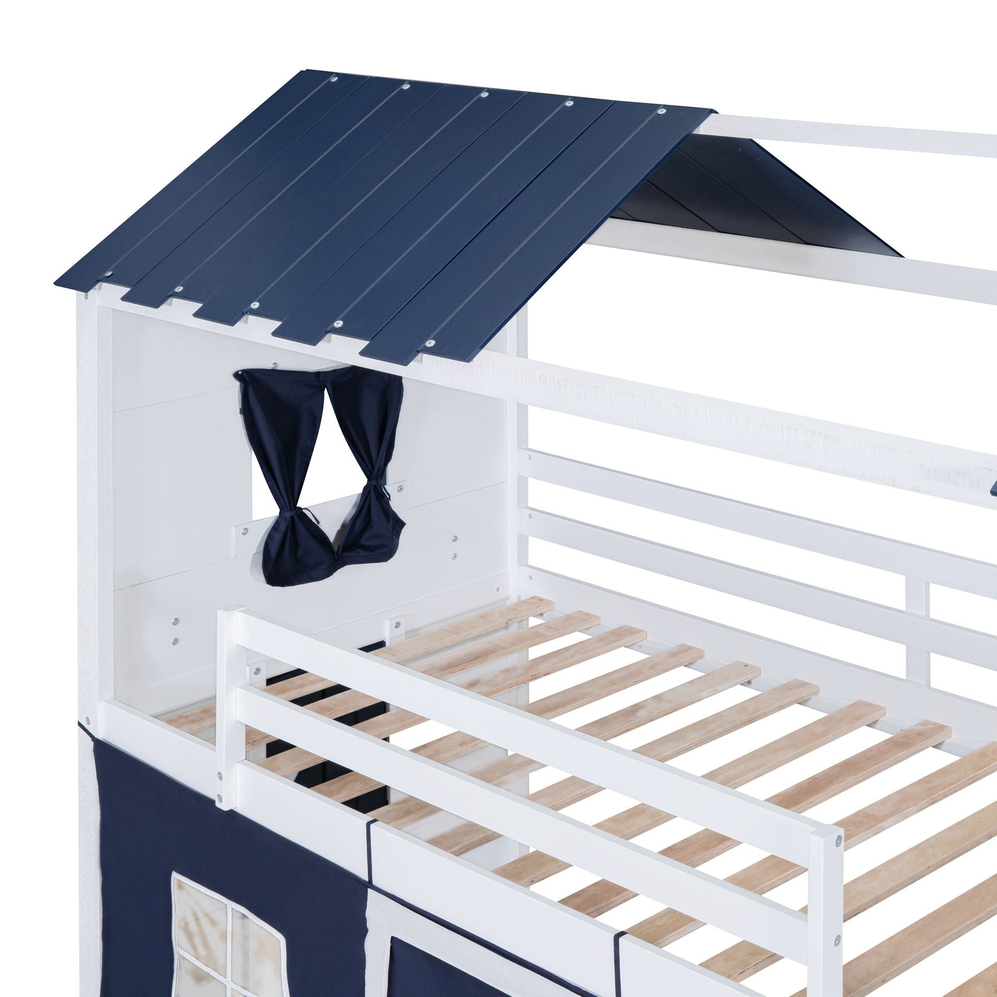 Kids Shared Room Twin Over Twin Wood Bunk Bed with House Design, Windows, Tent, Blue and White | Just Better Bunk Beds