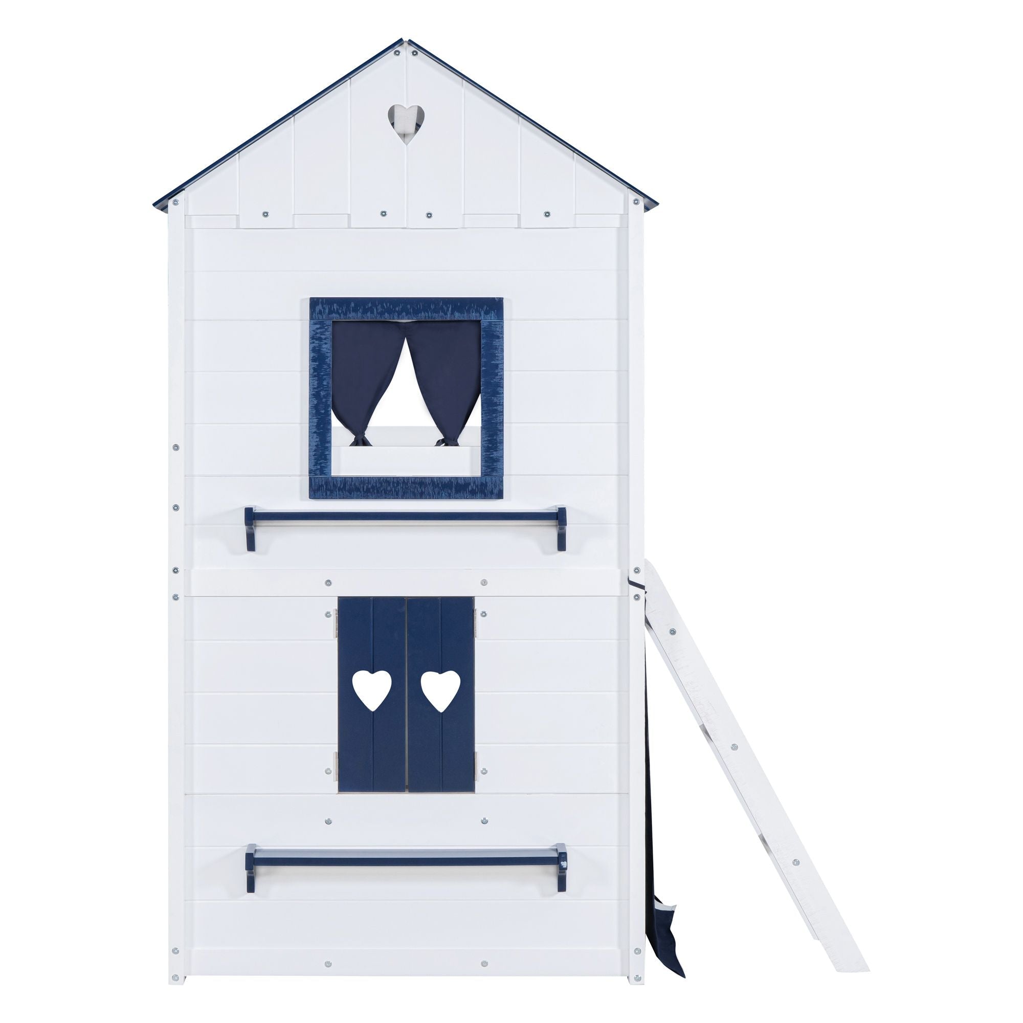 Kids Shared Room Twin Over Twin Wood Bunk Bed with House Design, Windows, Tent, Blue and White | Just Better Bunk Beds