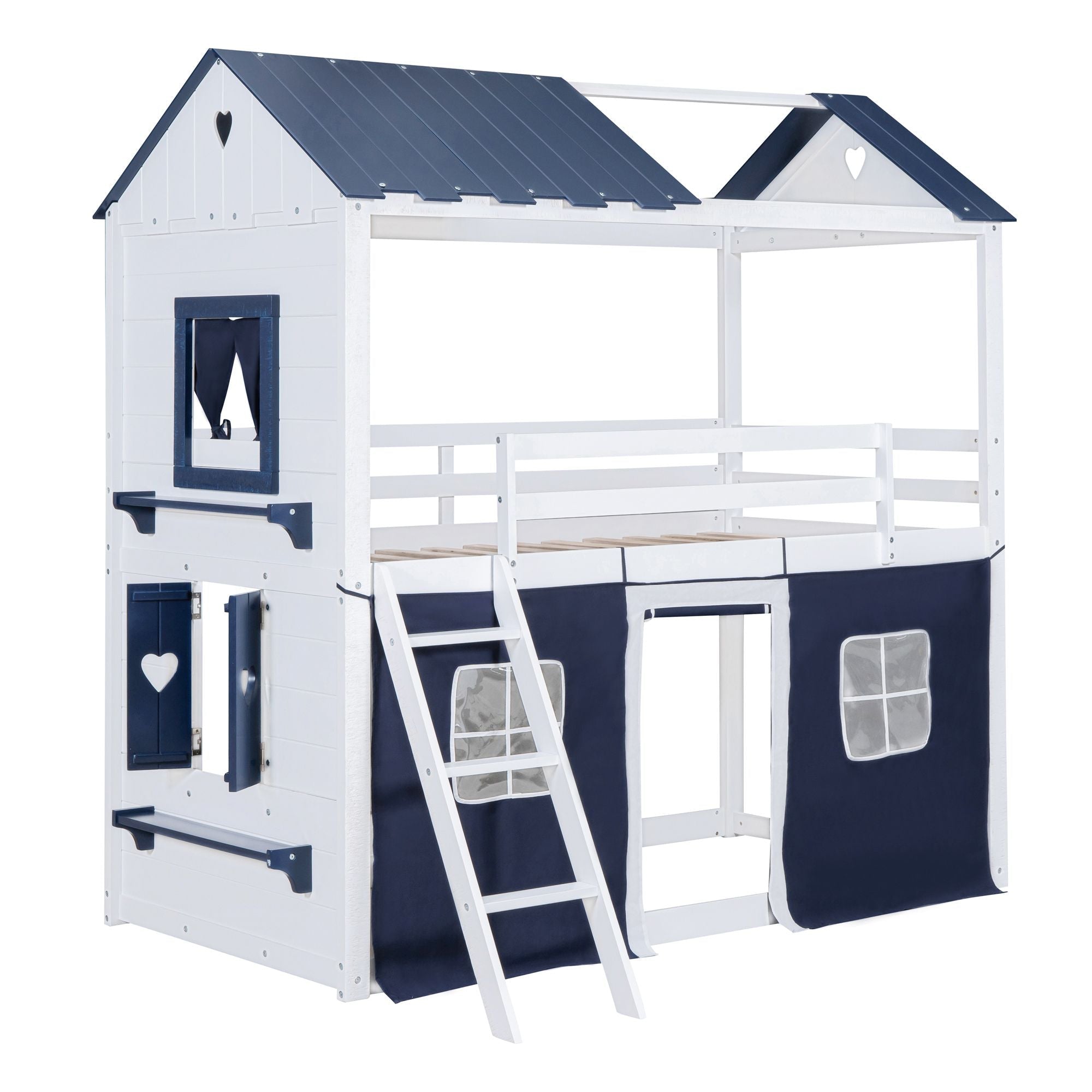 Kids Shared Room Twin Over Twin Wood Bunk Bed with House Design, Windows, Tent, Blue and White | Just Better Bunk Beds