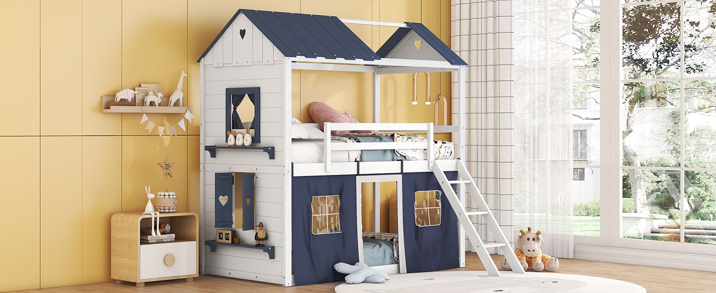 Kids Shared Room Twin Over Twin Wood Bunk Bed with House Design, Windows, Tent, Blue and White | Just Better Bunk Beds