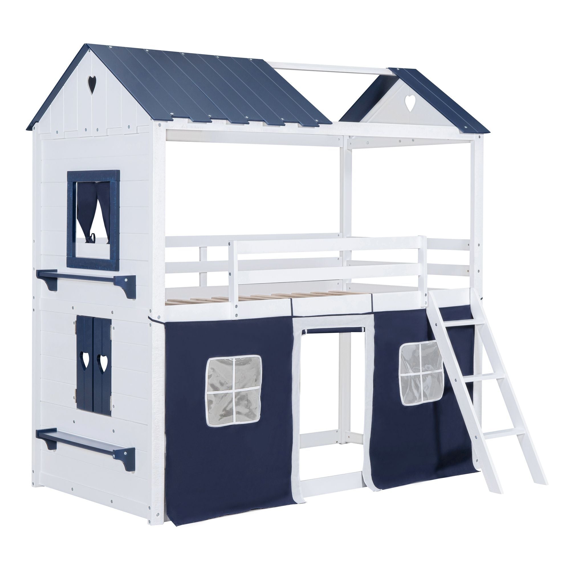 Kids Shared Room Twin Over Twin Wood Bunk Bed with House Design, Windows, Tent, Blue and White | Just Better Bunk Beds