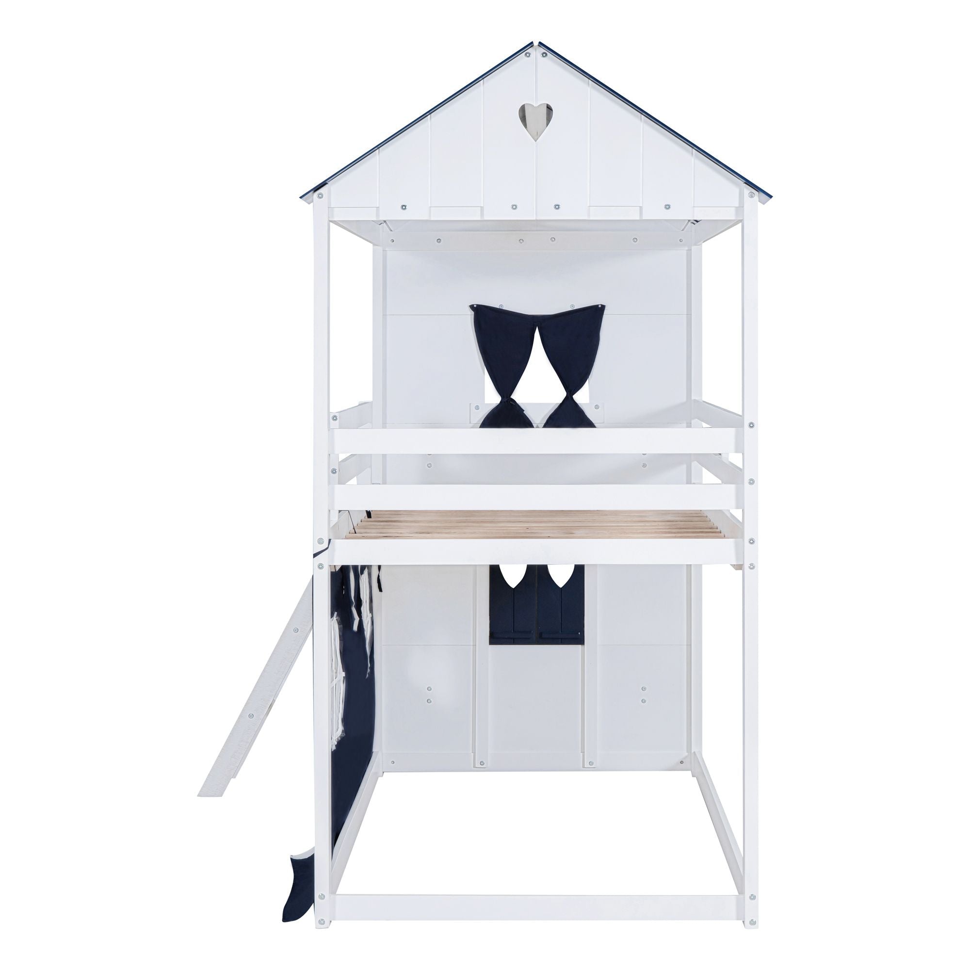 Kids Shared Room Twin Over Twin Wood Bunk Bed with House Design, Windows, Tent, Blue and White | Just Better Bunk Beds