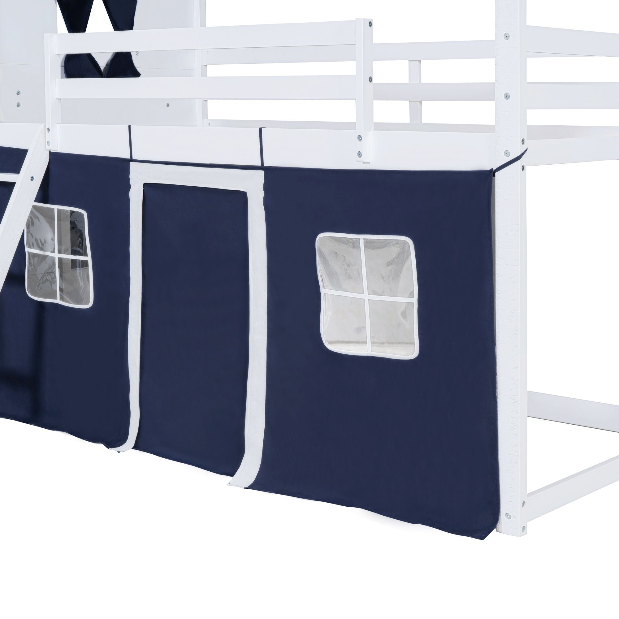 Kids Shared Room Twin Over Twin Wood Bunk Bed with House Design, Windows, Tent, Blue and White | Just Better Bunk Beds