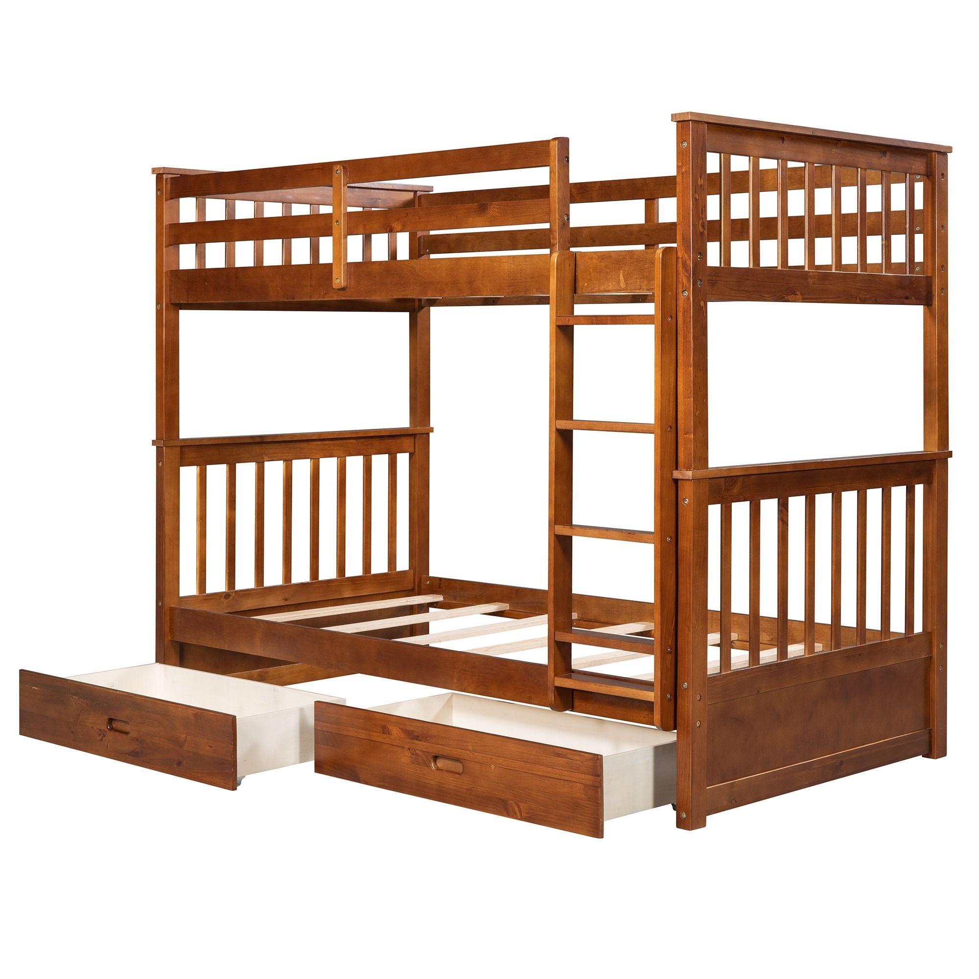 Kids Shared Room Twin Over Twin Wood Bunk Bed with Ladders and Two Storage Drawers Walnut | Just Better Bunk Beds