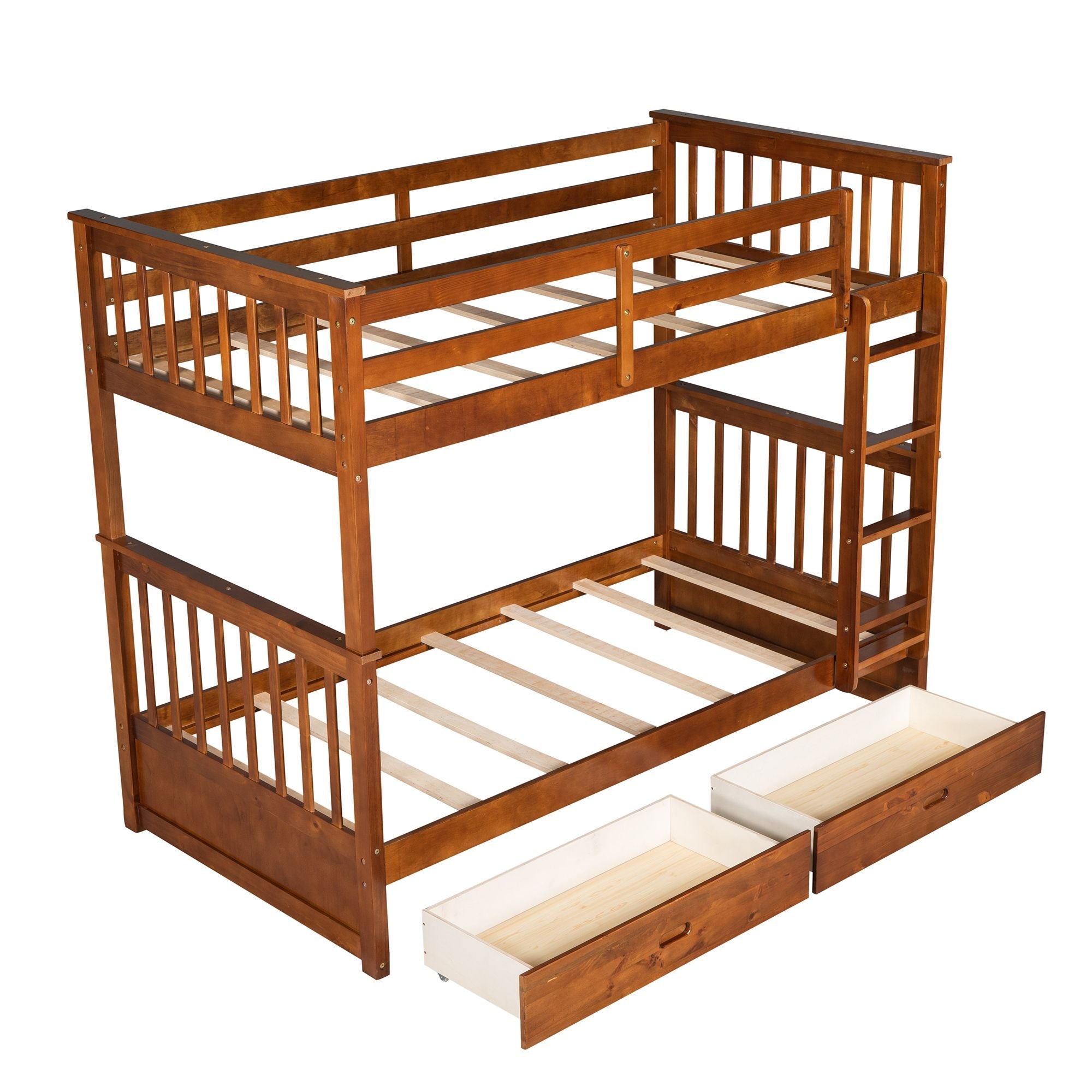 Kids Shared Room Twin Over Twin Wood Bunk Bed with Ladders and Two Storage Drawers Walnut | Just Better Bunk Beds