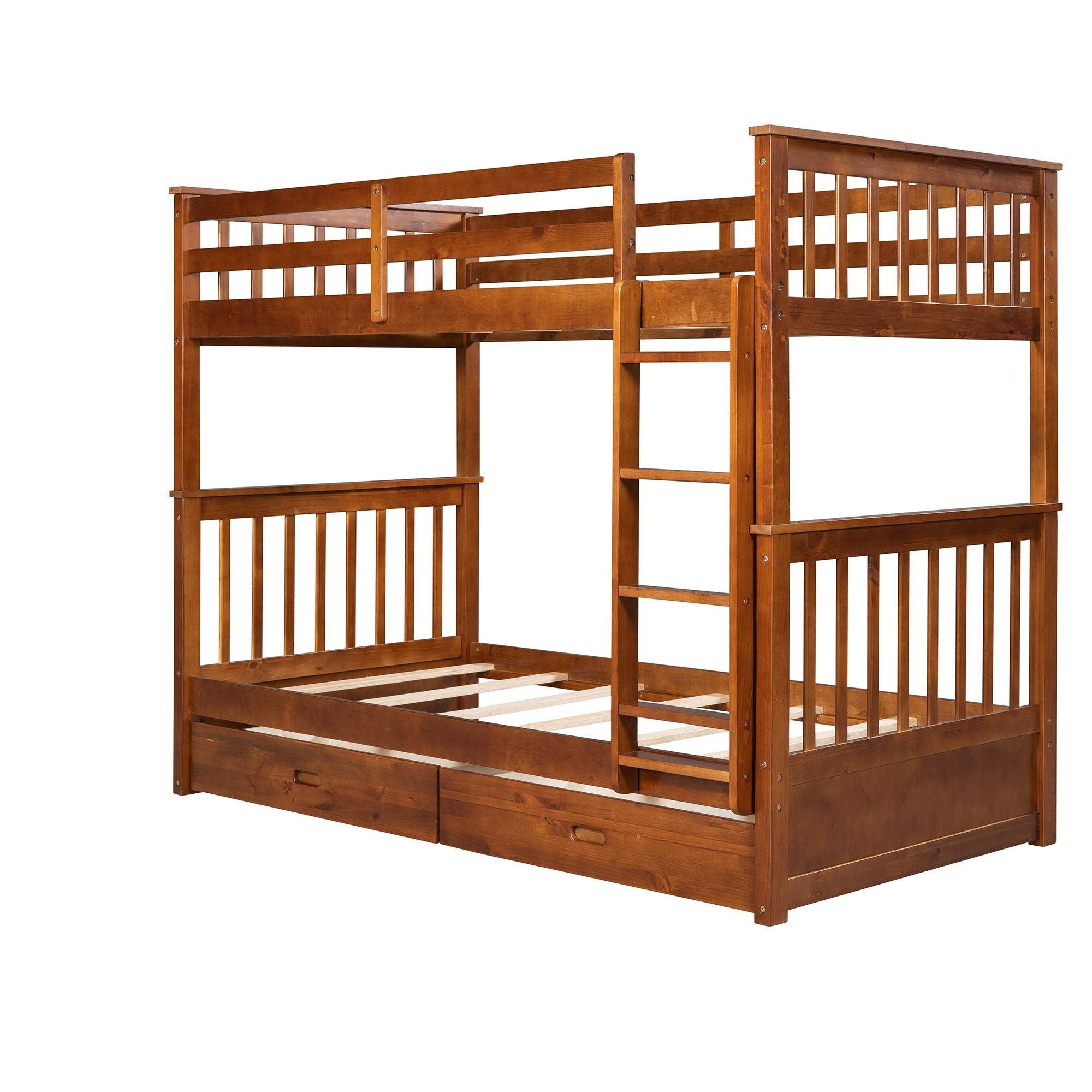 Kids Shared Room Twin Over Twin Wood Bunk Bed with Ladders and Two Storage Drawers Walnut | Just Better Bunk Beds