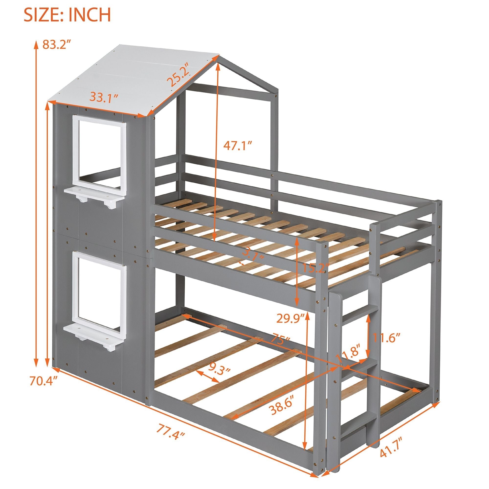 Kids Shared Room Twin Over Twin Wood Bunk Bed with Roof Window Guardrail Ladder White | Just Better Bunk Beds