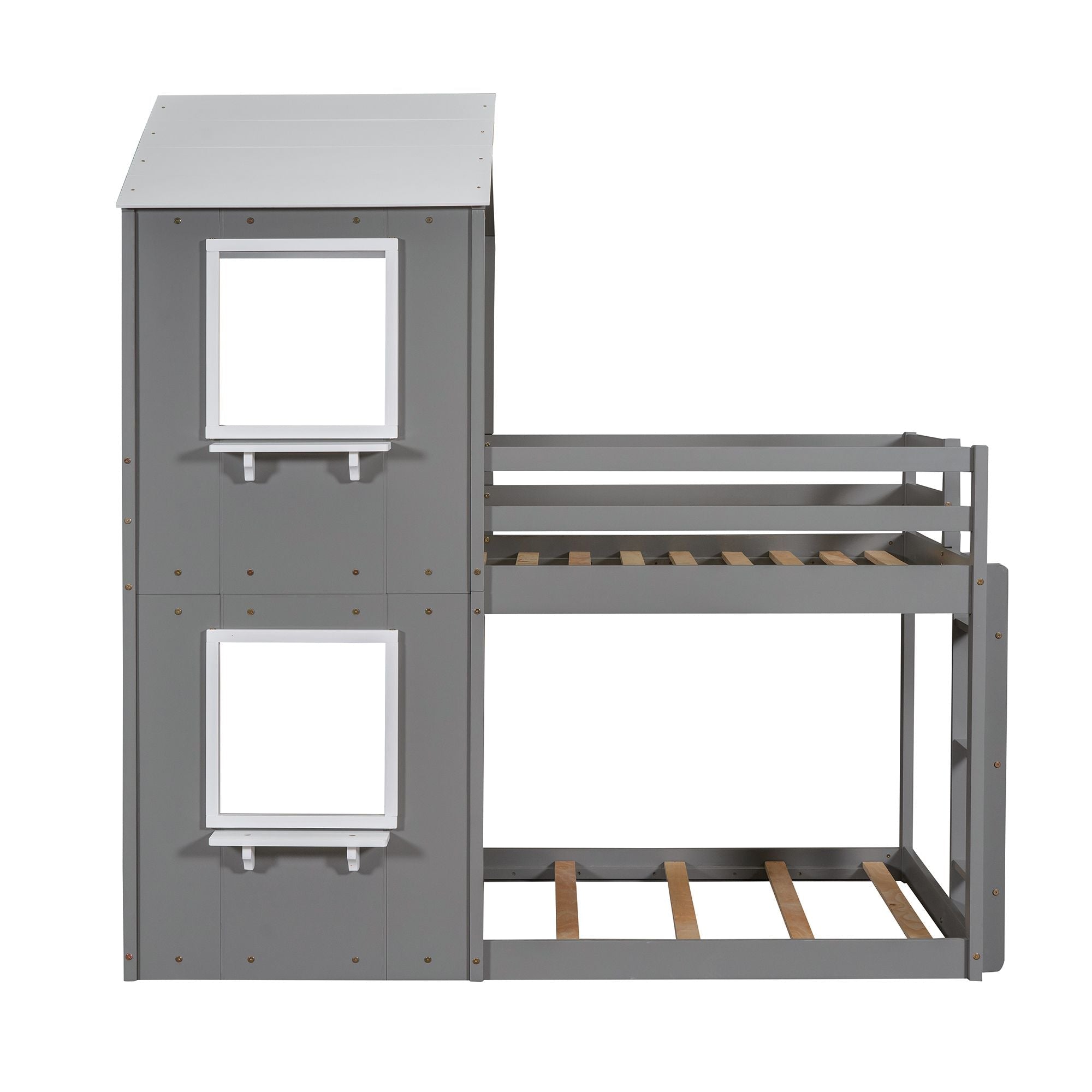 Kids Shared Room Twin Over Twin Wood Bunk Bed with Roof Window Guardrail Ladder White | Just Better Bunk Beds