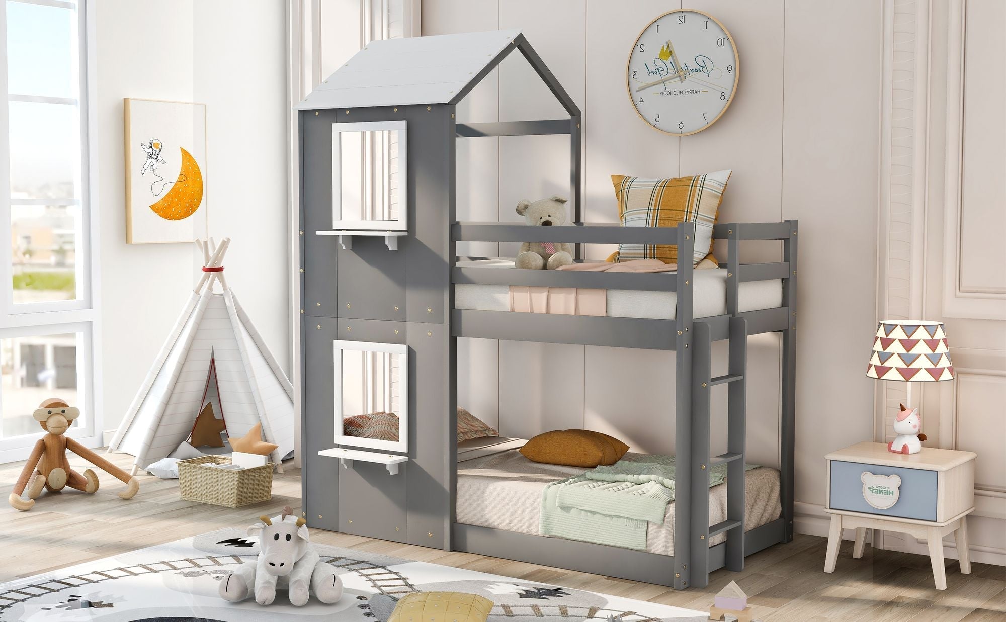 Kids Shared Room Twin Over Twin Wood Bunk Bed with Roof Window Guardrail Ladder White | Just Better Bunk Beds