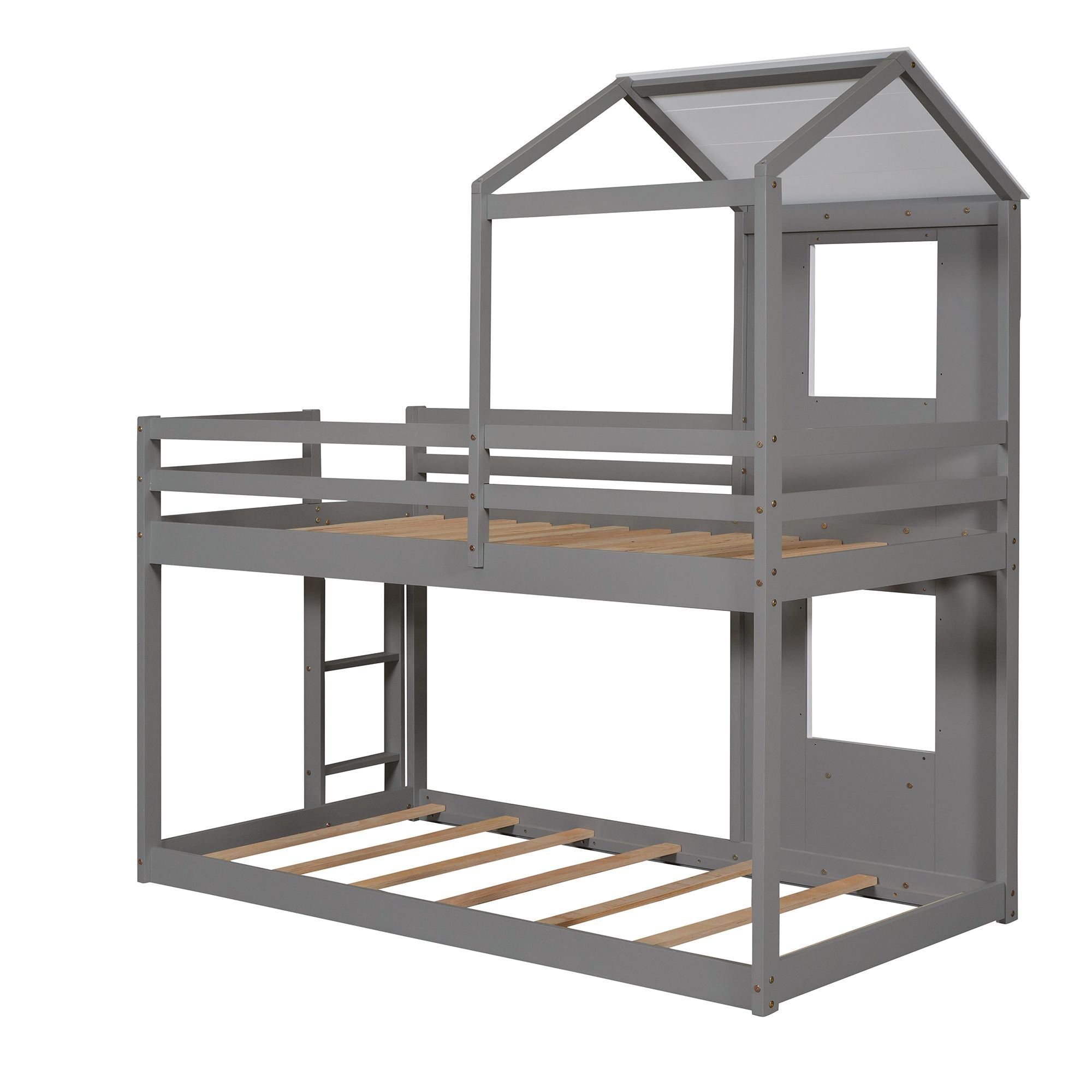 Kids Shared Room Twin Over Twin Wood Bunk Bed with Roof Window Guardrail Ladder White | Just Better Bunk Beds