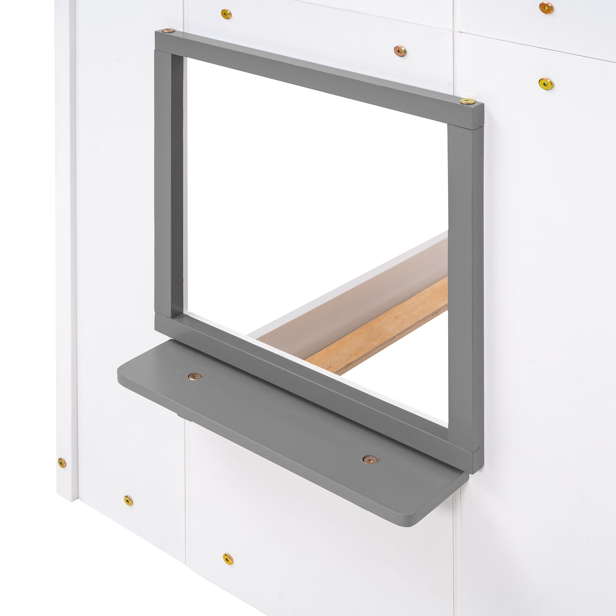 Kids Shared Room Twin Over Twin Wood Bunk Bed with Roof, Window, Guardrails, Ladder in White | Just Better Bunk Beds