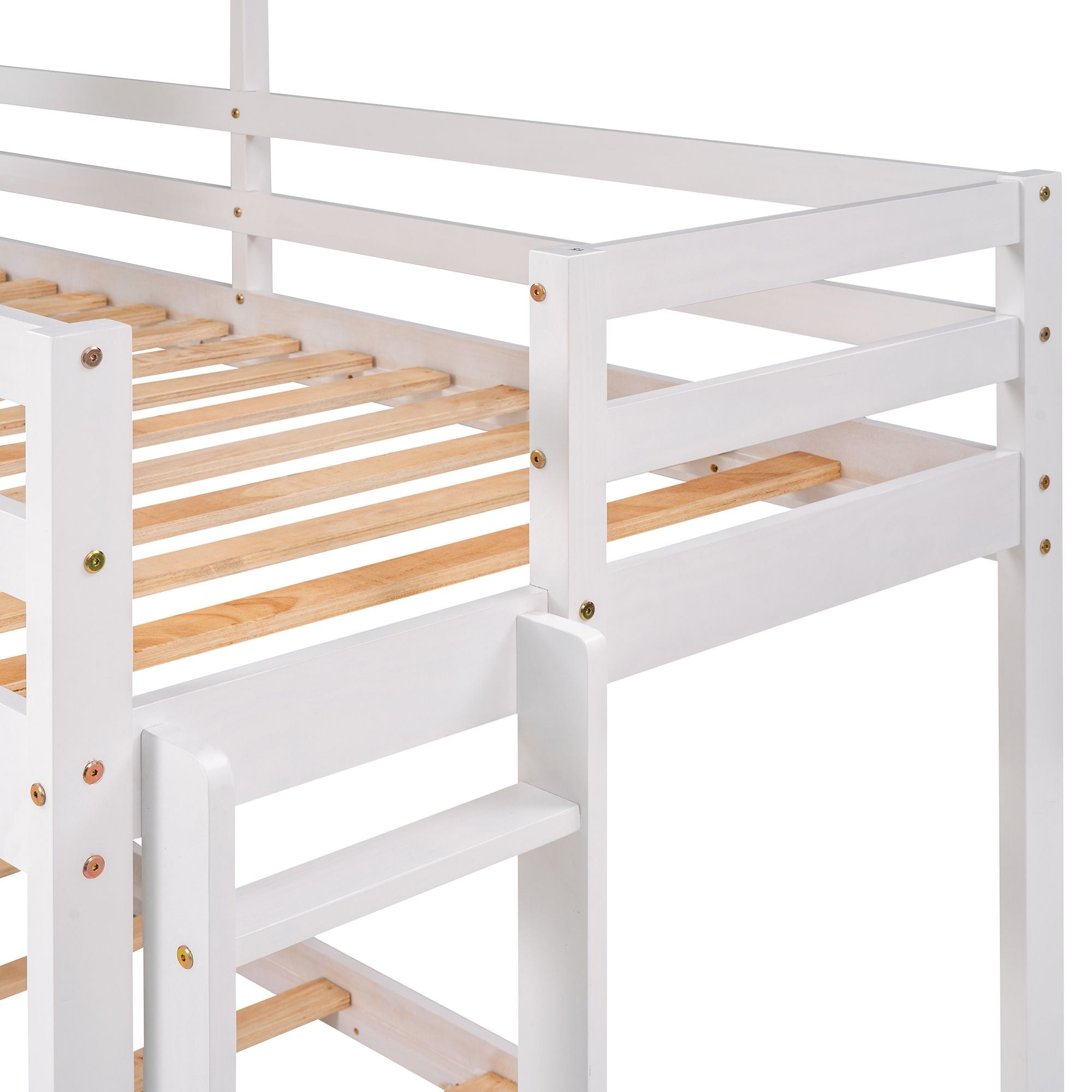 Kids Shared Room Twin Over Twin Wood Bunk Bed with Roof, Window, Guardrails, Ladder in White | Just Better Bunk Beds
