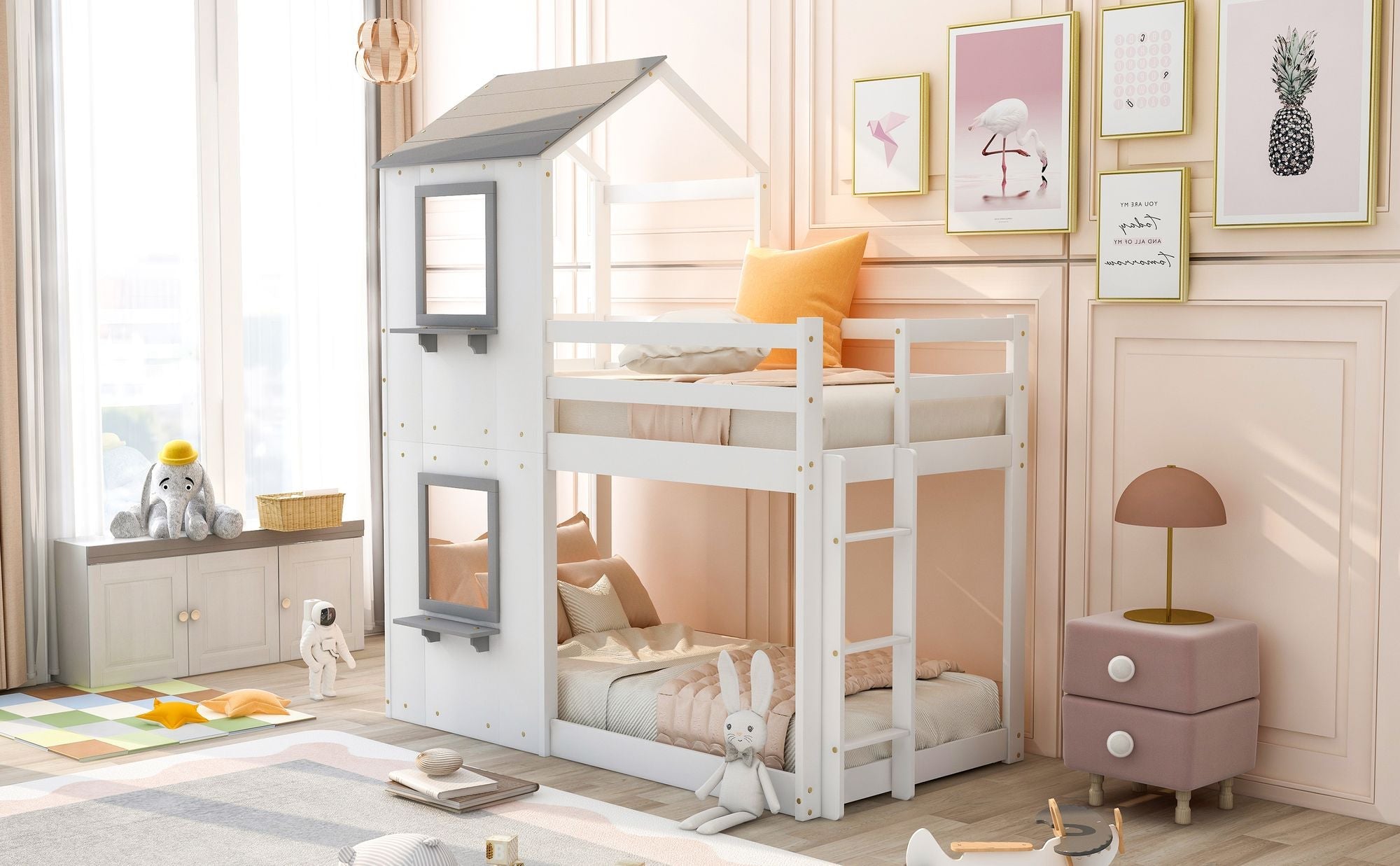 Kids Shared Room Twin Over Twin Wood Bunk Bed with Roof, Window, Guardrails, Ladder in White | Just Better Bunk Beds