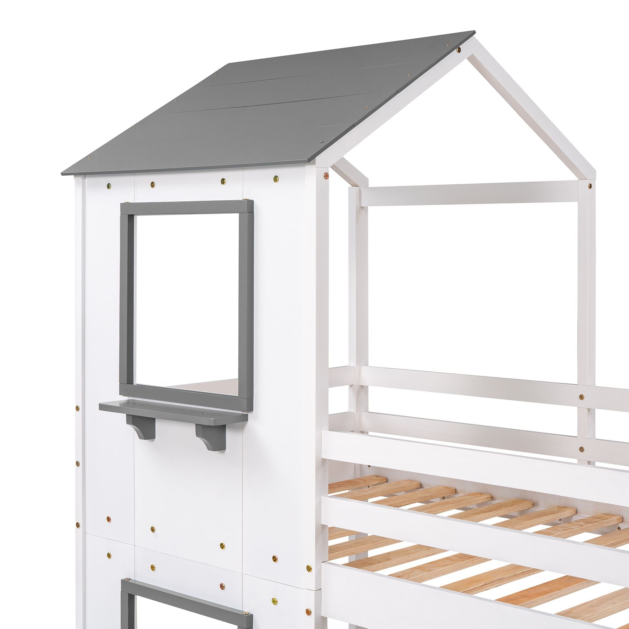 Kids Shared Room Twin Over Twin Wood Bunk Bed with Roof, Window, Guardrails, Ladder in White | Just Better Bunk Beds
