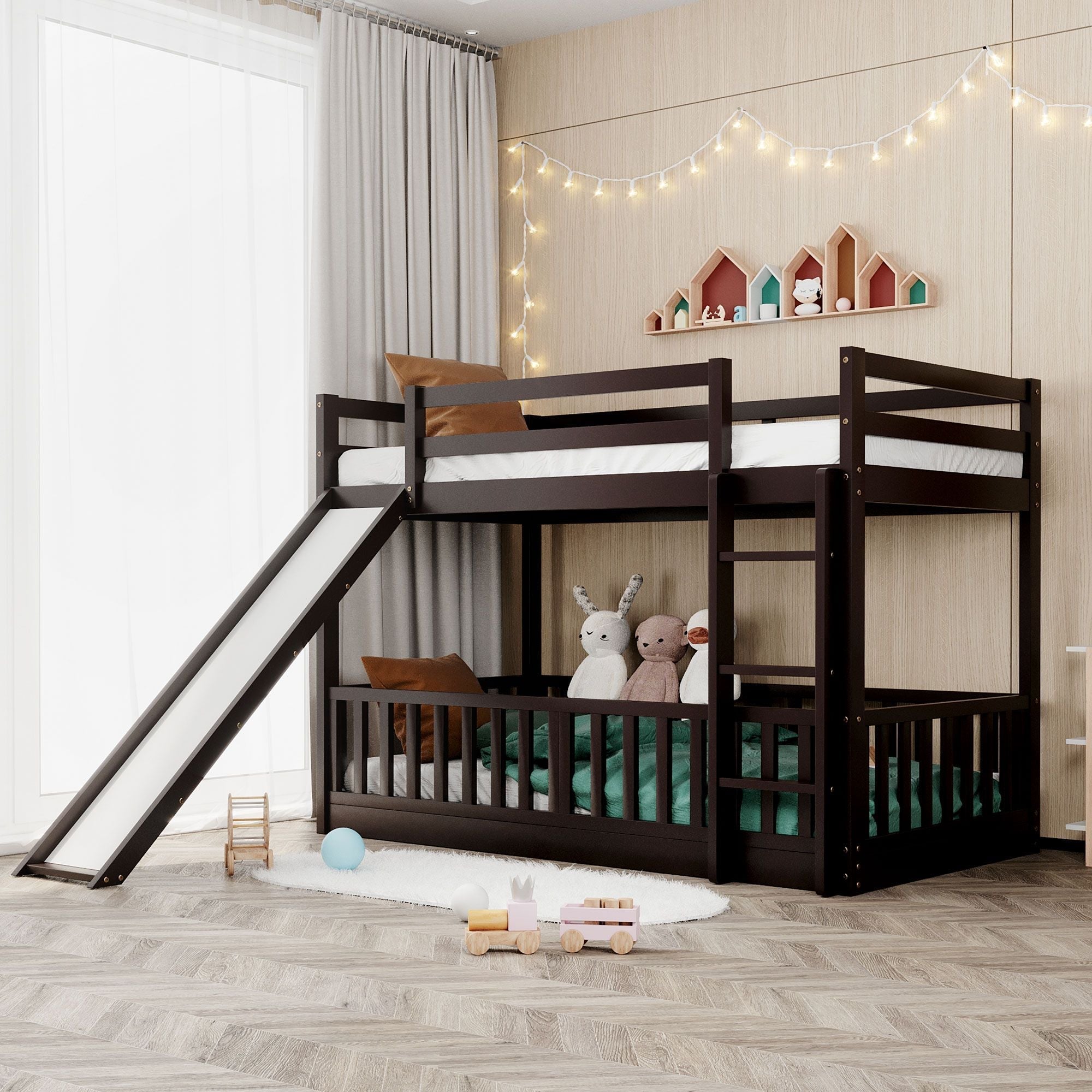 Kids Shared Room Twin Over Twin Wood Bunk Bed with Slide and Ladder, Espresso Finish | Just Better Bunk Beds
