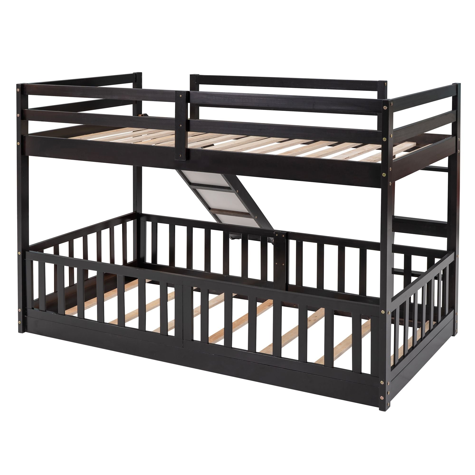 Kids Shared Room Twin Over Twin Wood Bunk Bed with Slide and Ladder, Espresso Finish | Just Better Bunk Beds