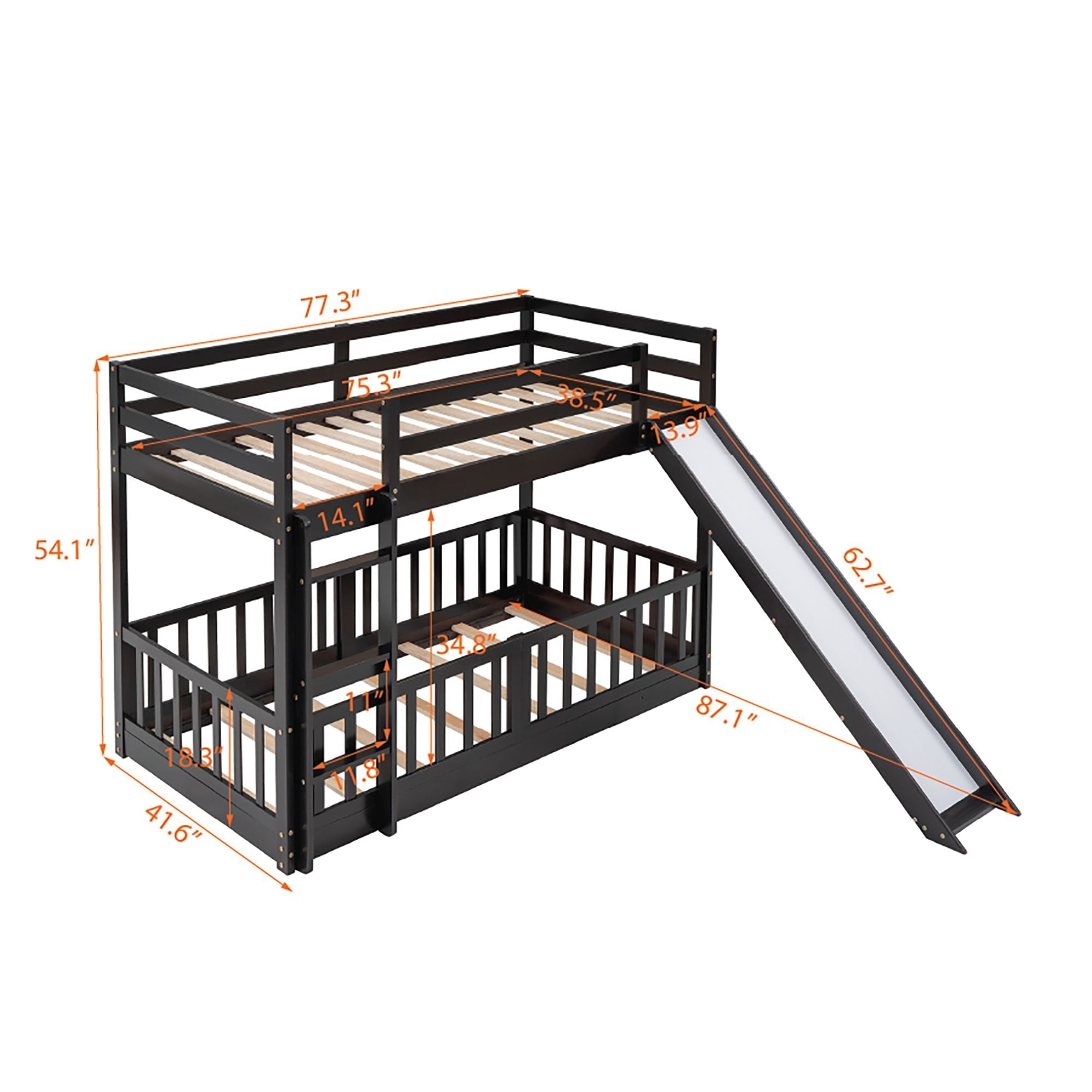 Kids Shared Room Twin Over Twin Wood Bunk Bed with Slide and Ladder, Espresso Finish | Just Better Bunk Beds