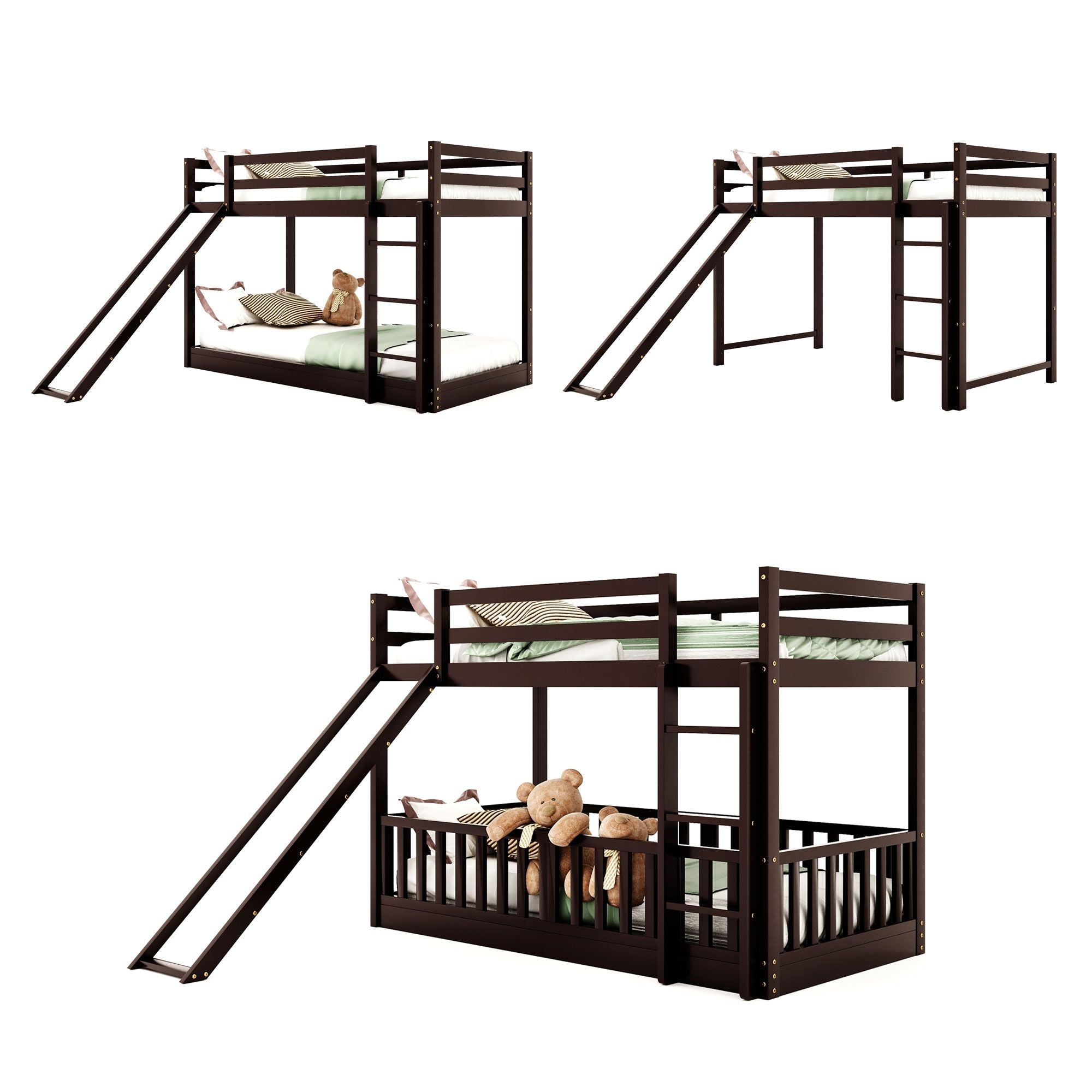 Kids Shared Room Twin Over Twin Wood Bunk Bed with Slide and Ladder, Espresso Finish | Just Better Bunk Beds