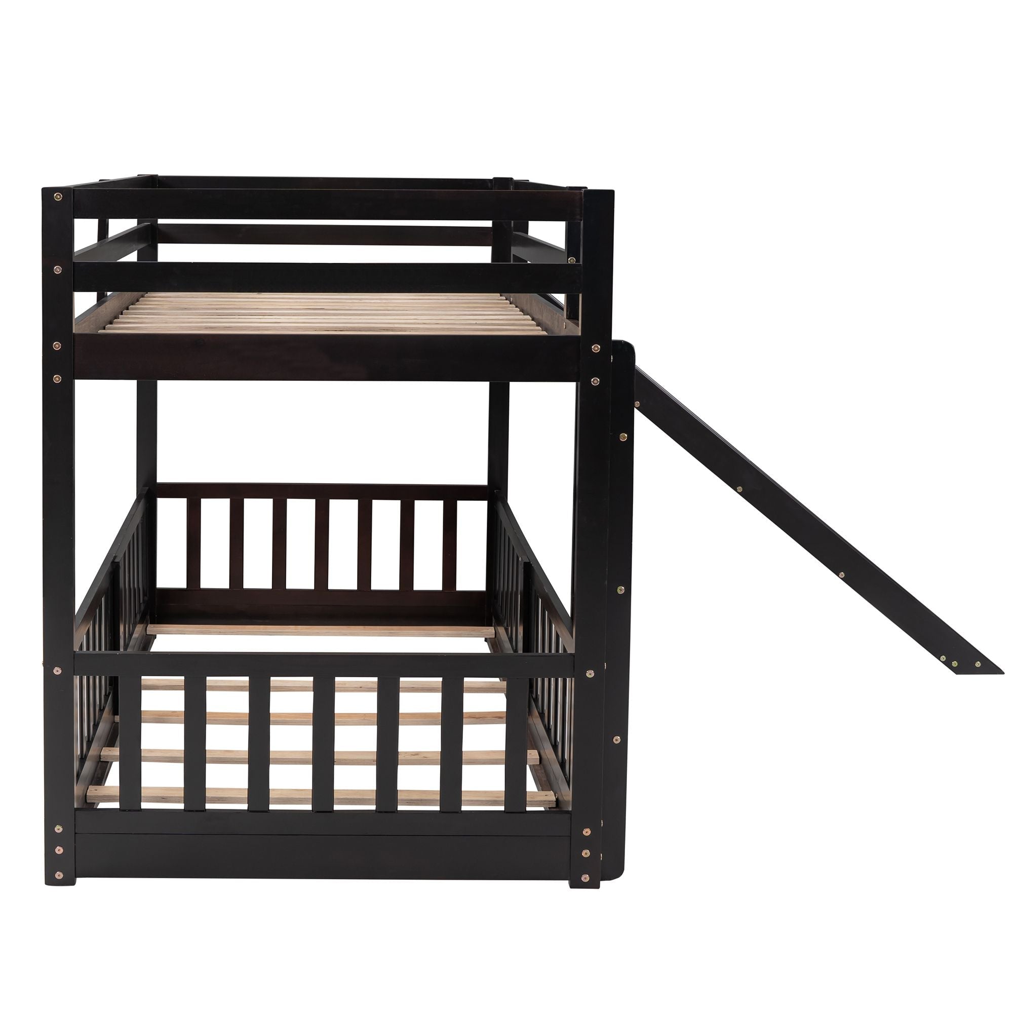 Kids Shared Room Twin Over Twin Wood Bunk Bed with Slide and Ladder, Espresso Finish | Just Better Bunk Beds