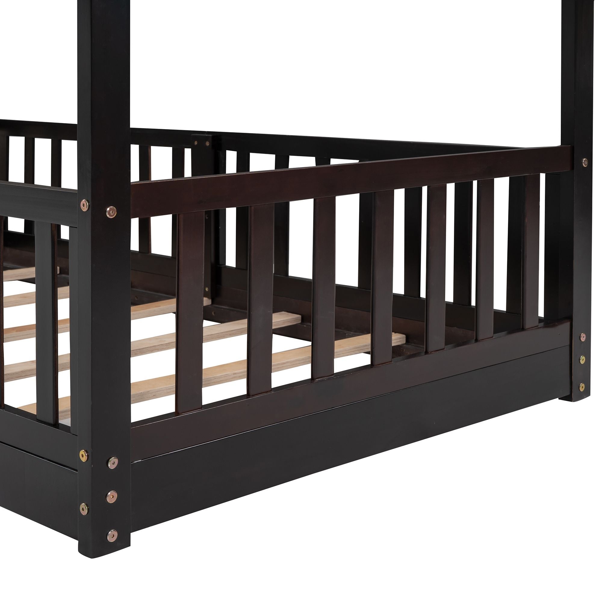 Kids Shared Room Twin Over Twin Wood Bunk Bed with Slide and Ladder, Espresso Finish | Just Better Bunk Beds