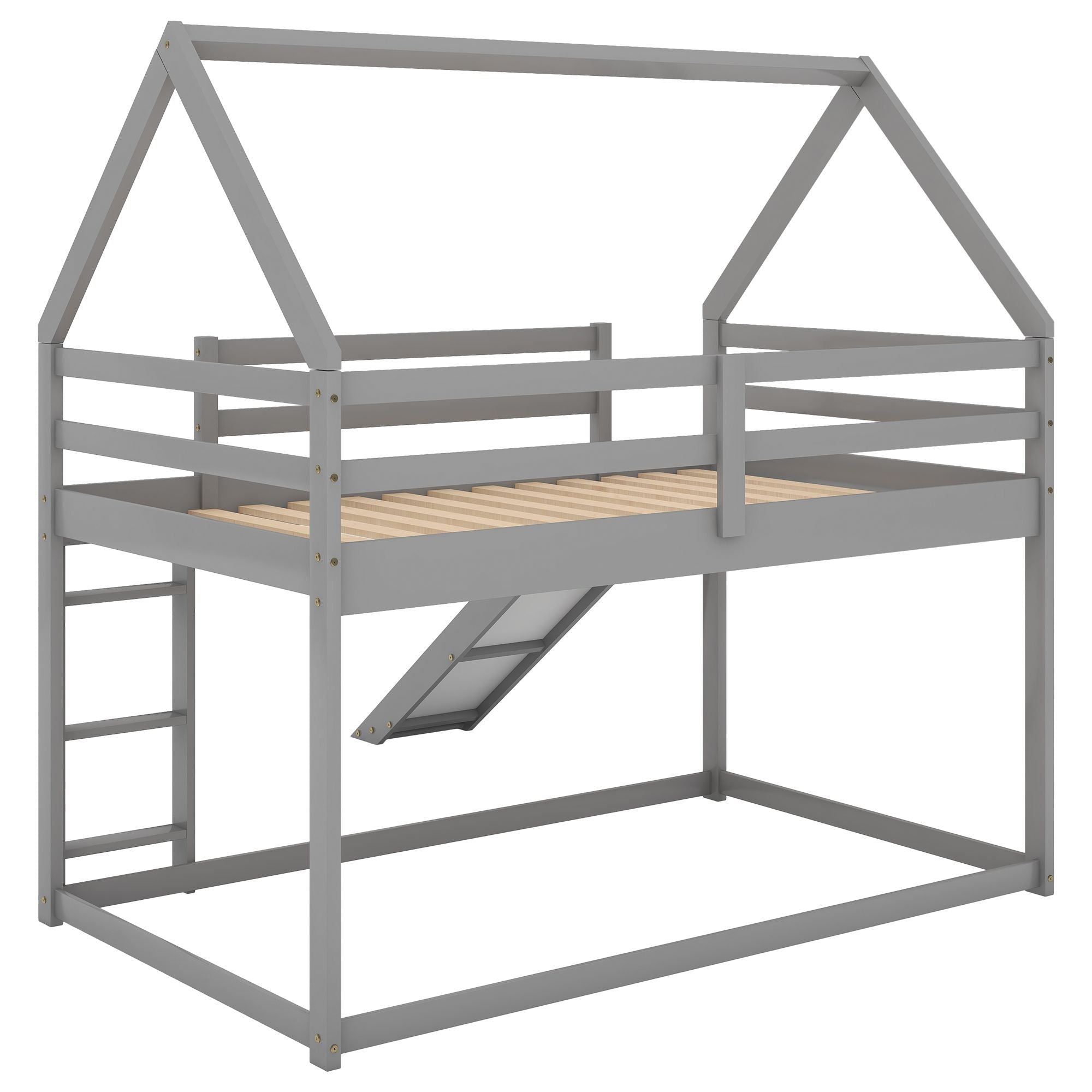 Kids Shared Room Twin Over Twin Wood Bunk Bed with Slide and Ladder, Gray | Just Better Bunk Beds