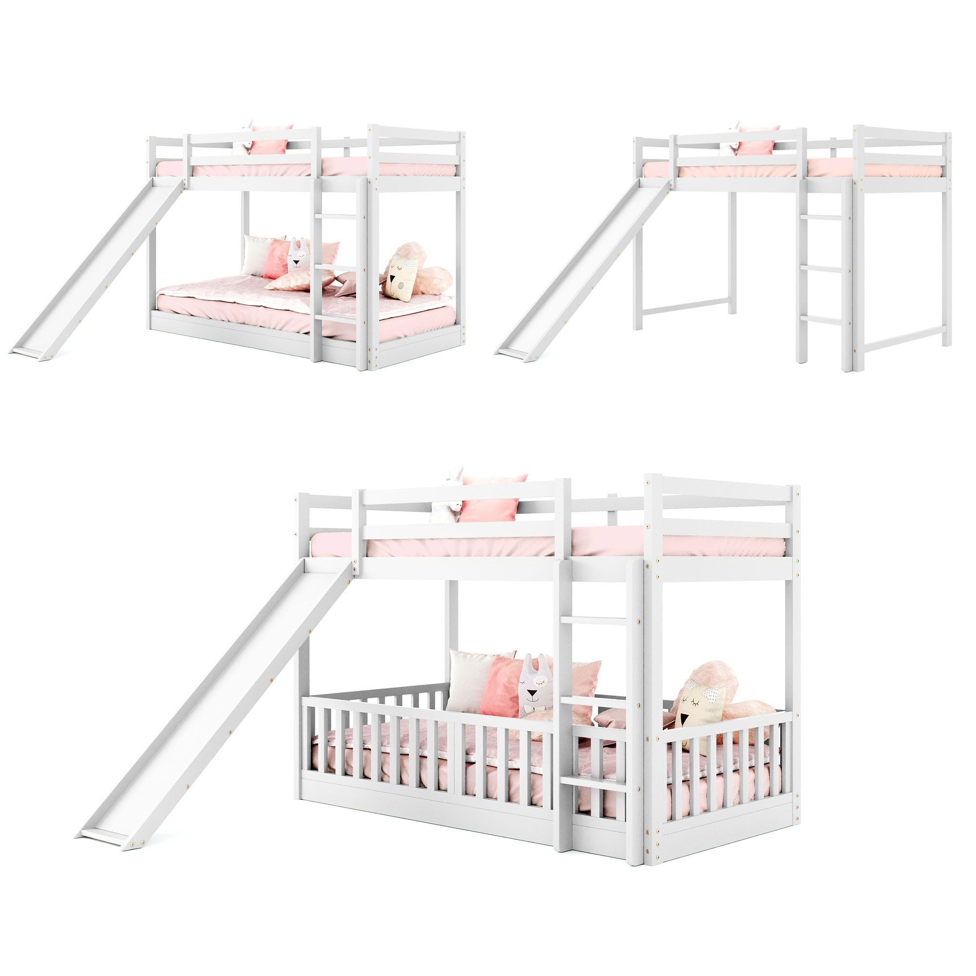 Kids Shared Room Twin Over Twin Wood Bunk Bed with Slide and Ladder White | Just Better Bunk Beds