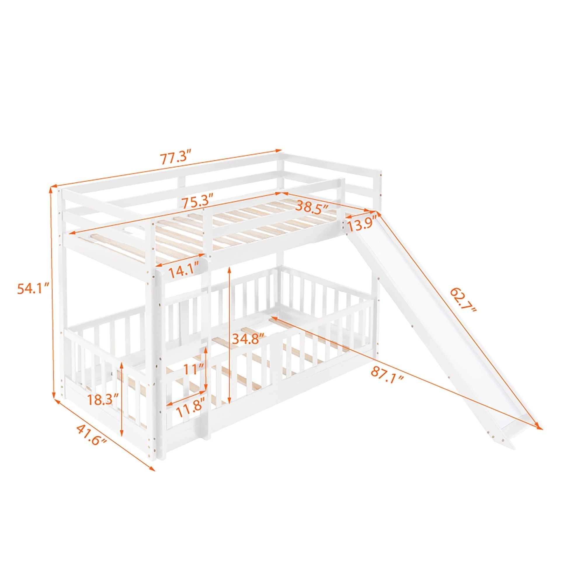 Kids Shared Room Twin Over Twin Wood Bunk Bed with Slide and Ladder White | Just Better Bunk Beds
