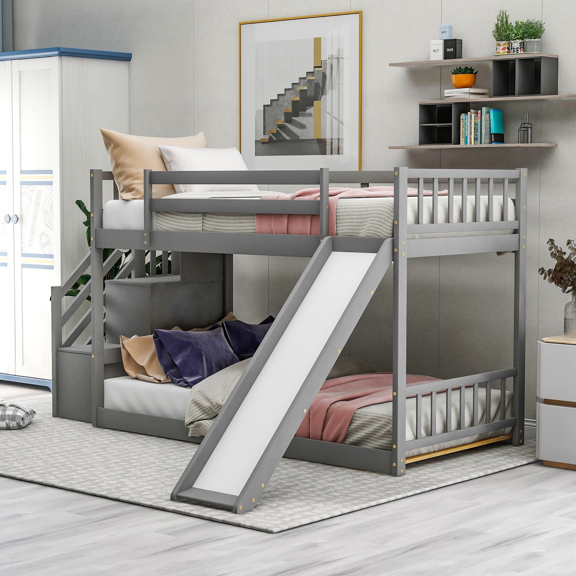 Kids Shared Room Twin Over Twin Wood Bunk Bed with Slide and Stairway in Gray | Just Better Bunk Beds