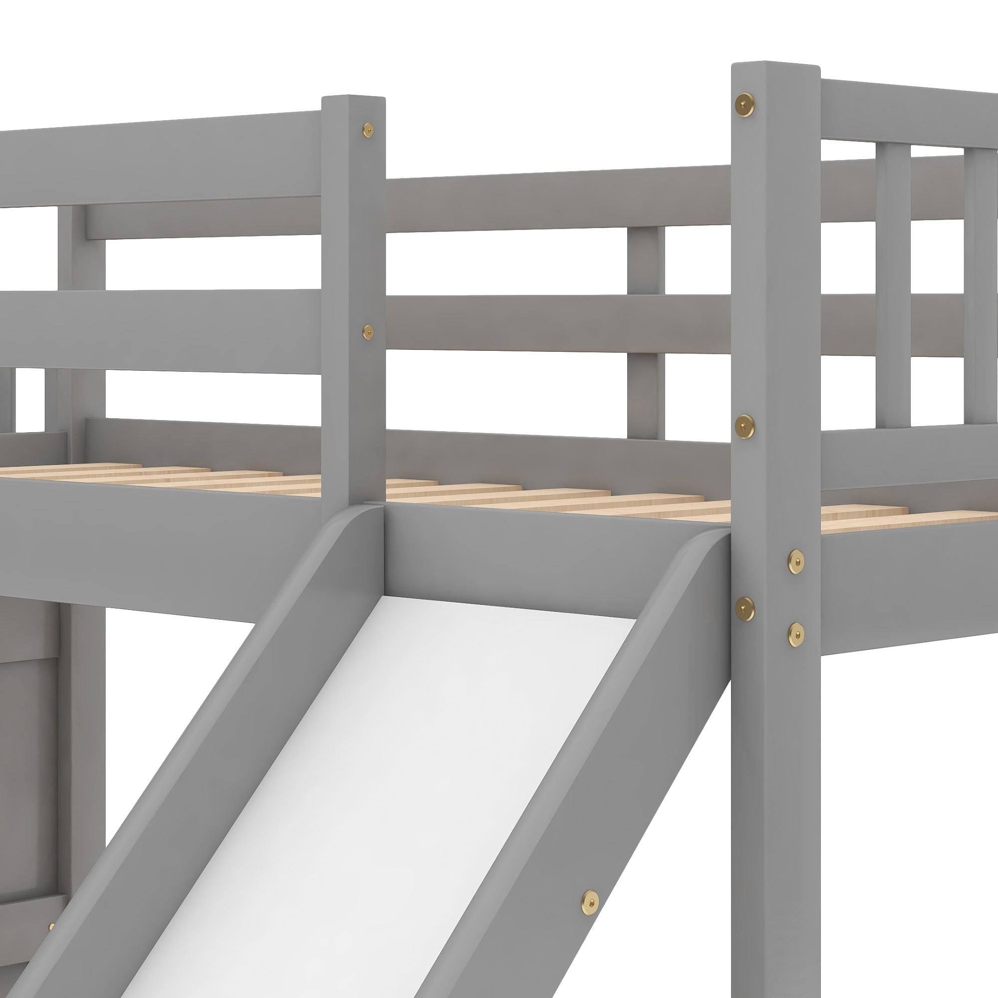Kids Shared Room Twin Over Twin Wood Bunk Bed with Slide and Stairway in Gray | Just Better Bunk Beds