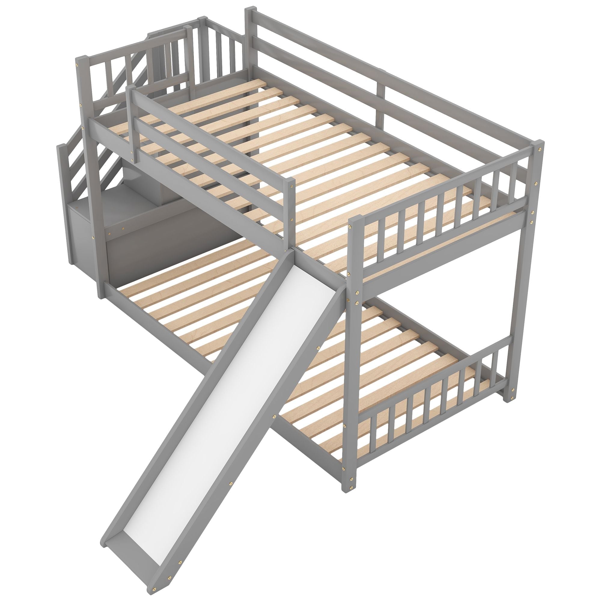 Kids Shared Room Twin Over Twin Wood Bunk Bed with Slide and Stairway in Gray | Just Better Bunk Beds
