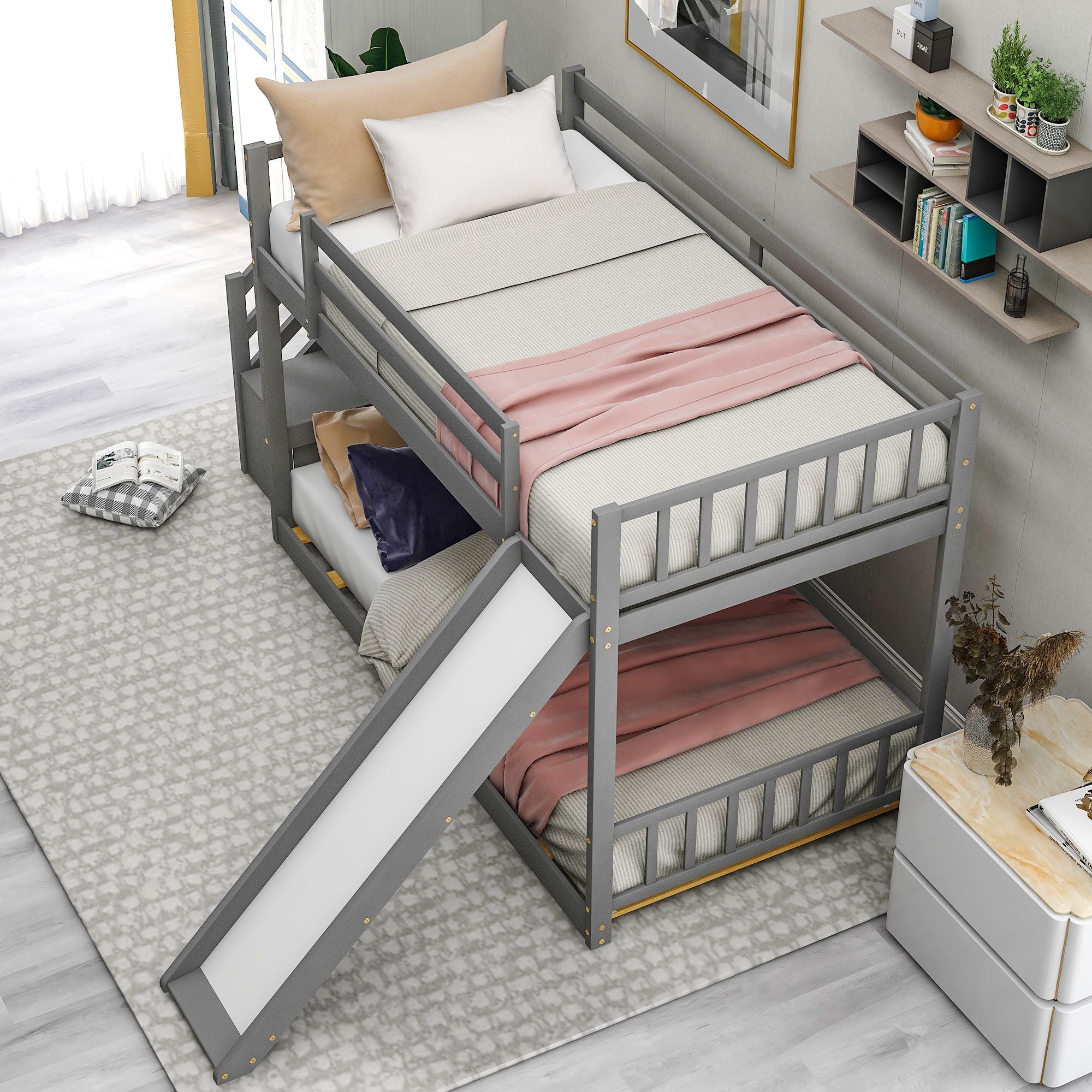 Kids Shared Room Twin Over Twin Wood Bunk Bed with Slide and Stairway in Gray | Just Better Bunk Beds
