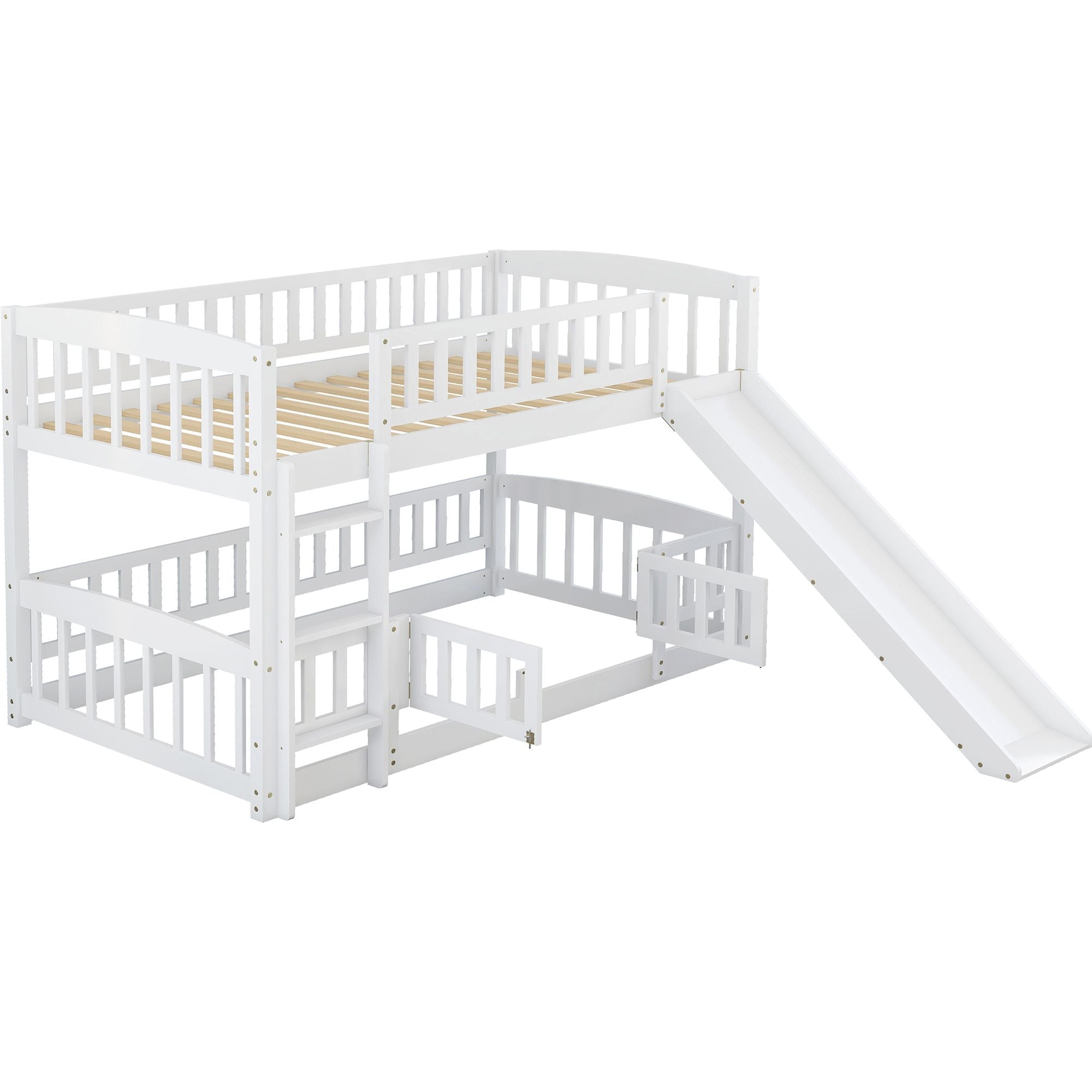 Kids Shared Room Twin Over Twin Wood Bunk Bed with Slide, Ladder, White | Just Better Bunk Beds
