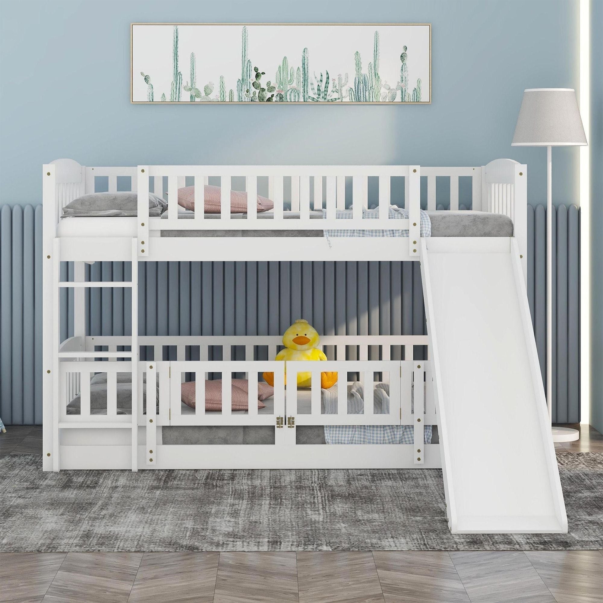 Kids Shared Room Twin Over Twin Wood Bunk Bed with Slide, Ladder, White | Just Better Bunk Beds