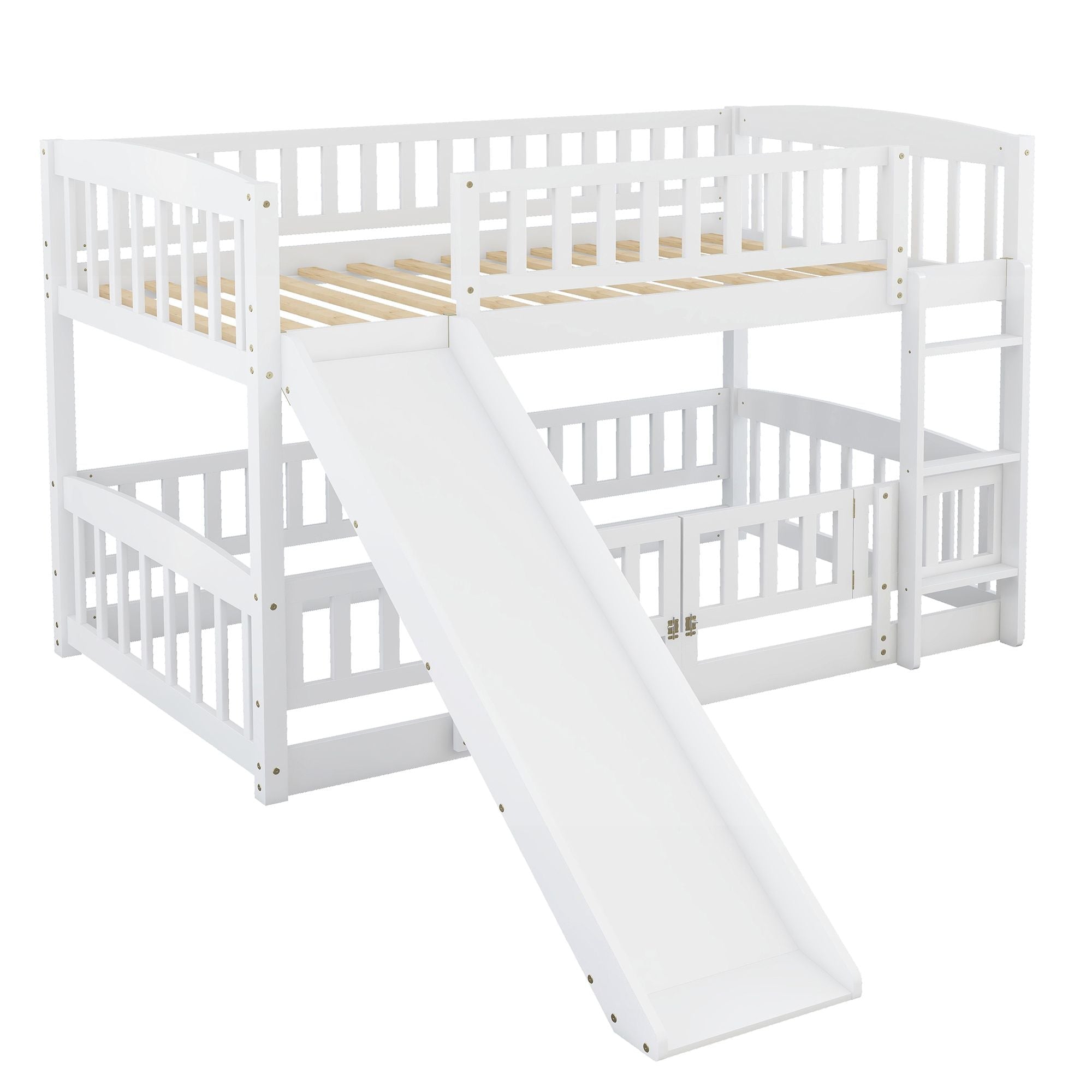 Kids Shared Room Twin Over Twin Wood Bunk Bed with Slide, Ladder, White | Just Better Bunk Beds