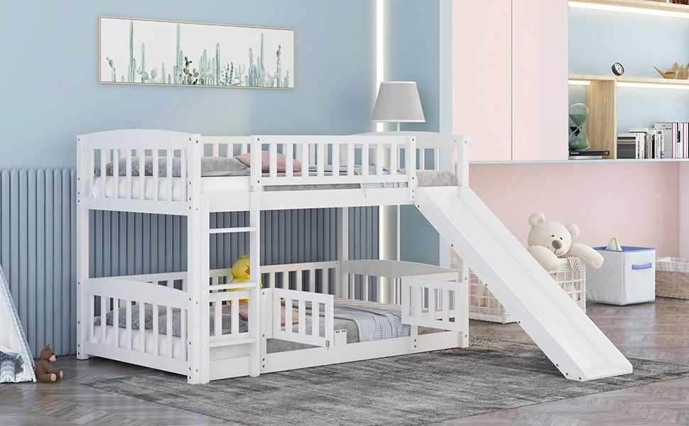 Kids Shared Room Twin Over Twin Wood Bunk Bed with Slide, Ladder, White | Just Better Bunk Beds
