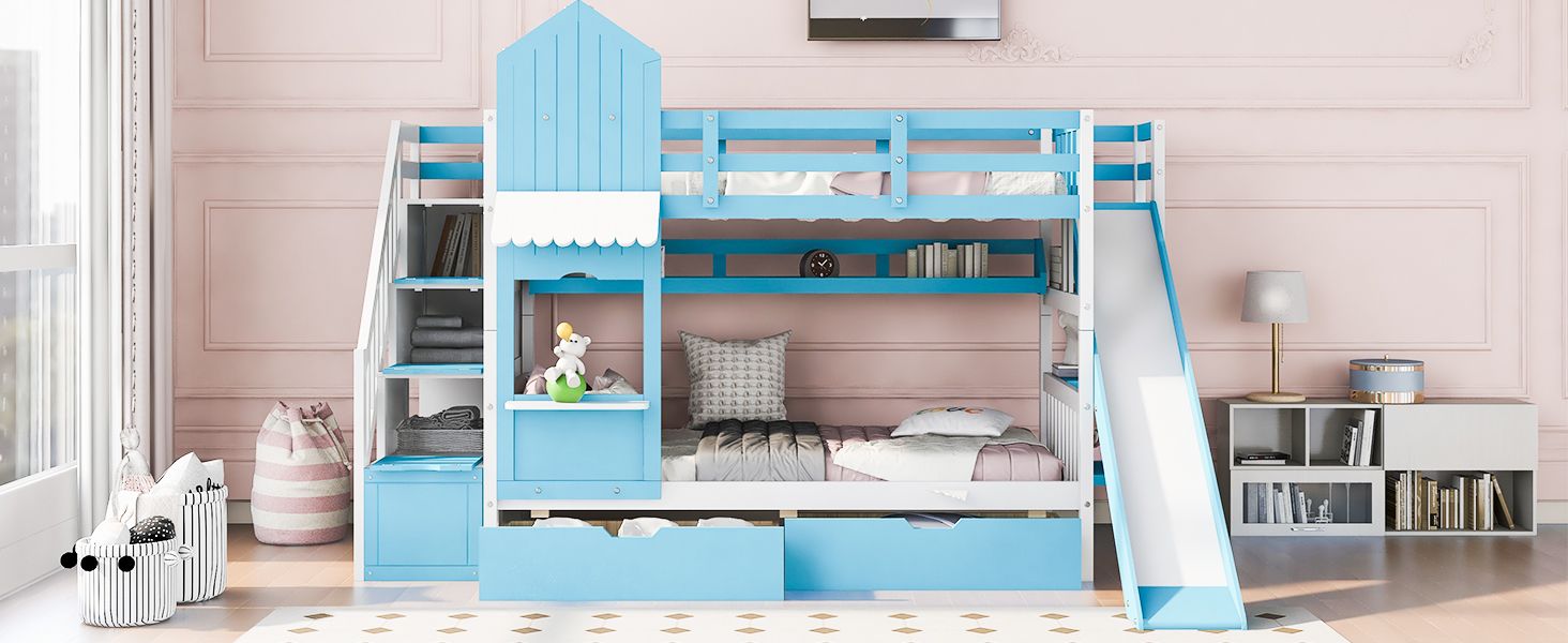 Kids Shared Room Twin Over Twin Wood Bunk Bed with Slide, Storage Drawers, Shelves in Blue | Just Better Bunk Beds