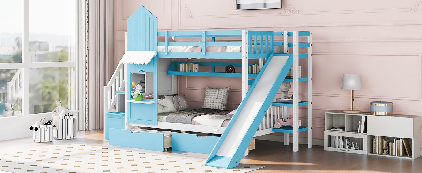 Kids Shared Room Twin Over Twin Wood Bunk Bed with Slide, Storage Drawers, Shelves in Blue | Just Better Bunk Beds