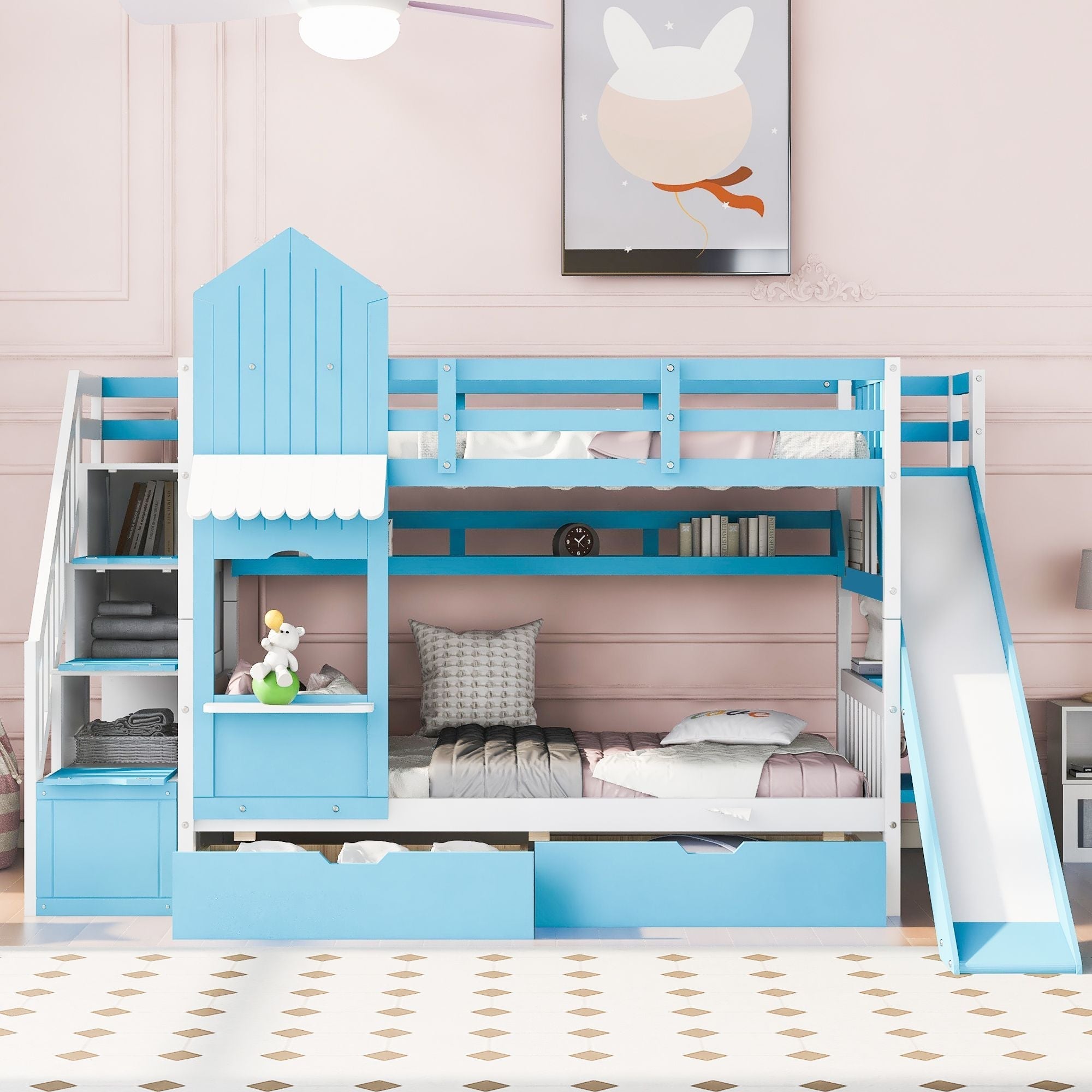 Kids Shared Room Twin Over Twin Wood Bunk Bed with Slide, Storage Drawers, Shelves in Blue | Just Better Bunk Beds