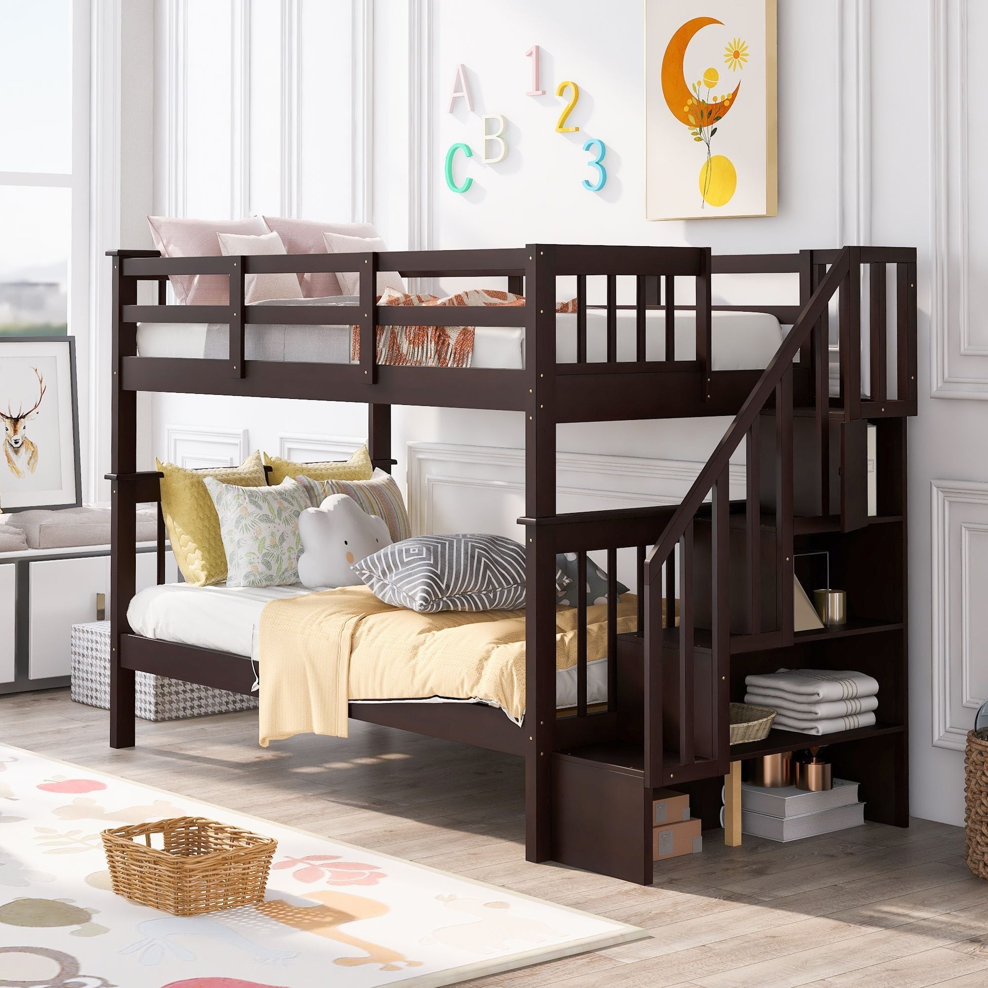 Kids Shared Room Twin Over Twin Wood Bunk Bed with Staircase Storage Drawers, Espresso | Just Better Bunk Beds