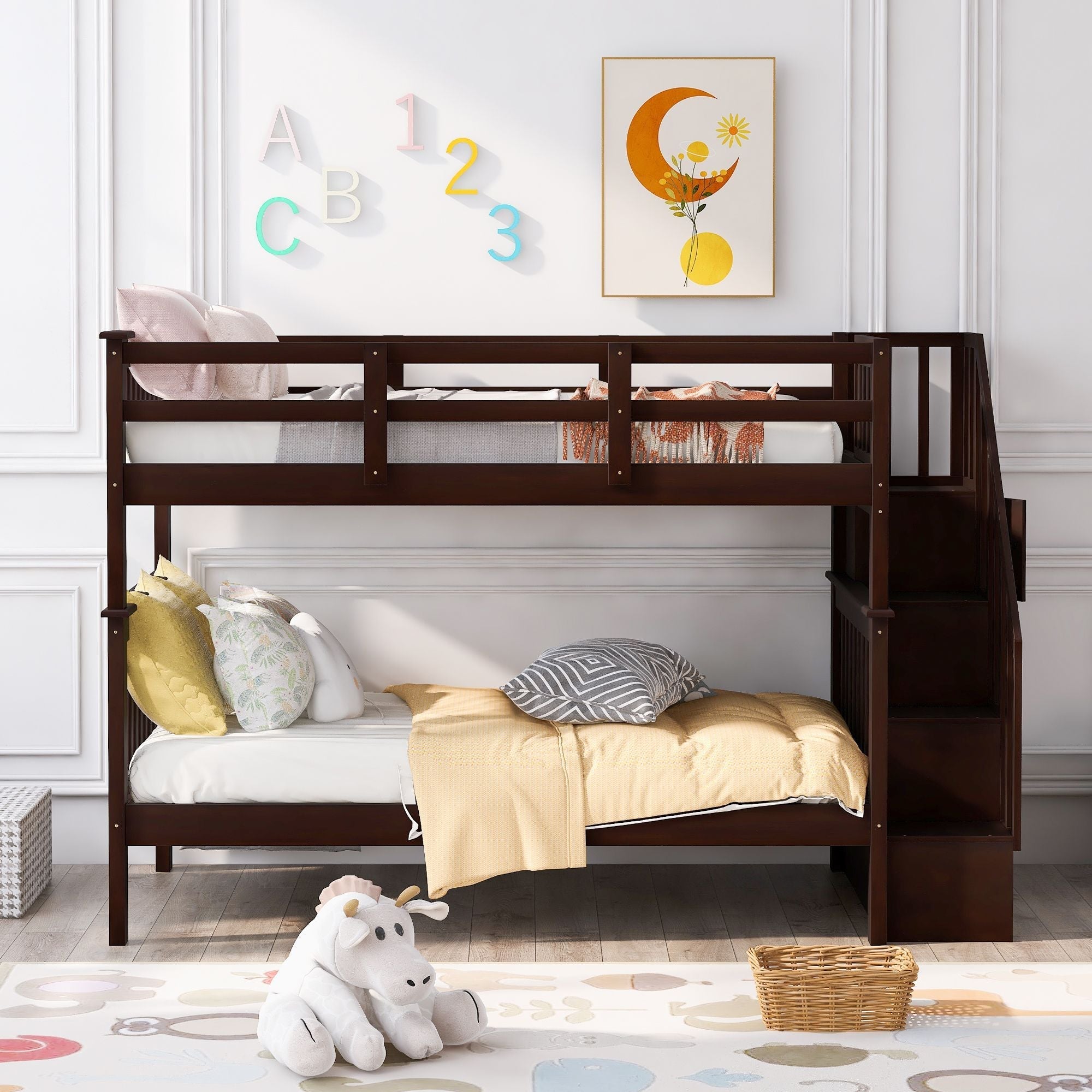 Kids Shared Room Twin Over Twin Wood Bunk Bed with Staircase Storage Drawers, Espresso | Just Better Bunk Beds