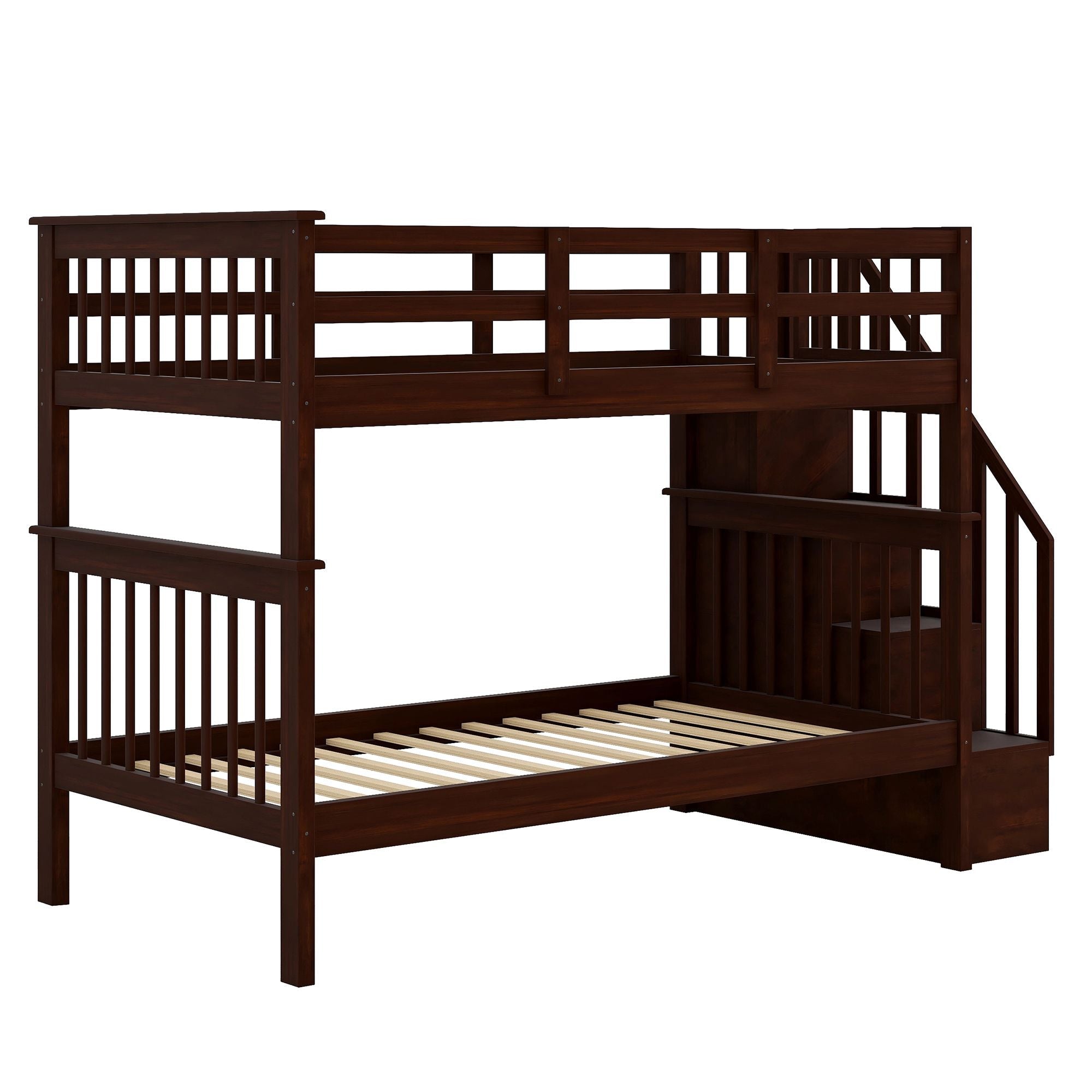 Kids Shared Room Twin Over Twin Wood Bunk Bed with Staircase Storage Drawers, Espresso | Just Better Bunk Beds