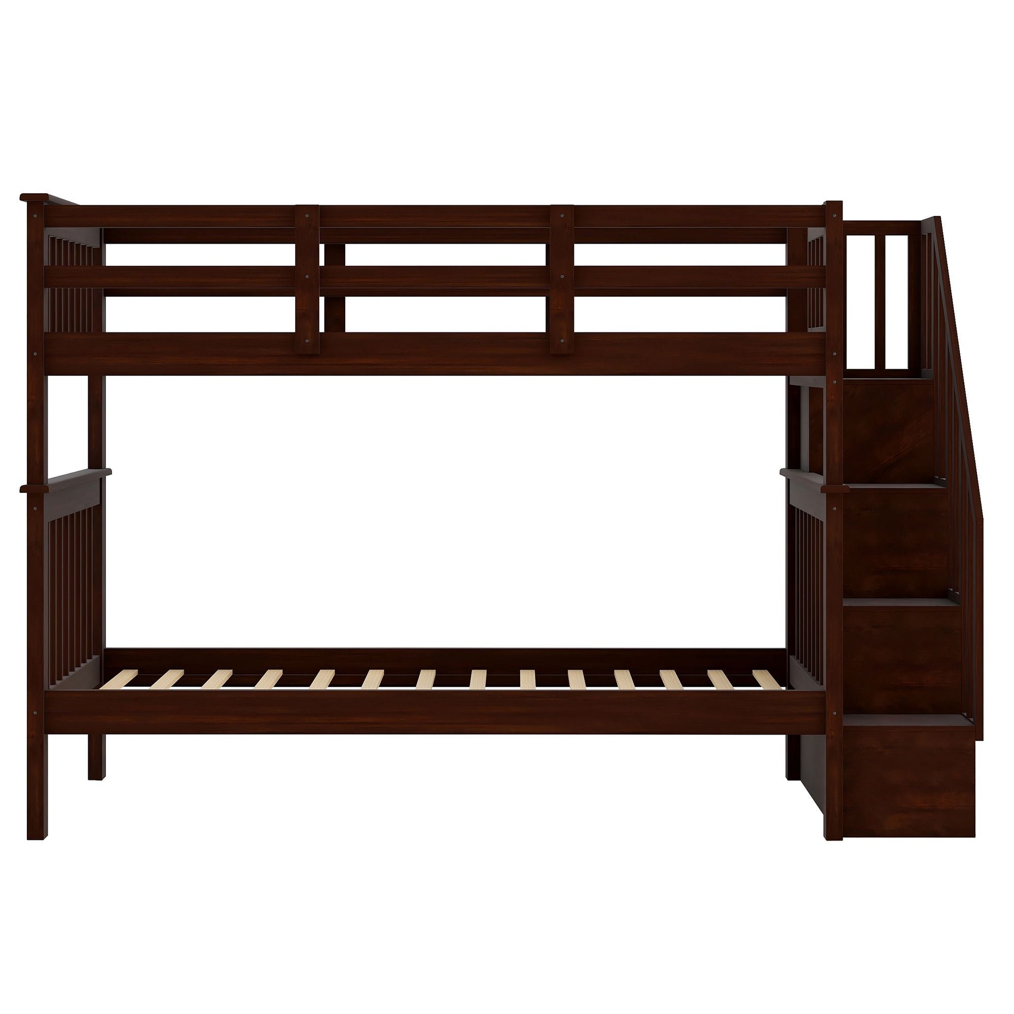 Kids Shared Room Twin Over Twin Wood Bunk Bed with Staircase Storage Drawers, Espresso | Just Better Bunk Beds