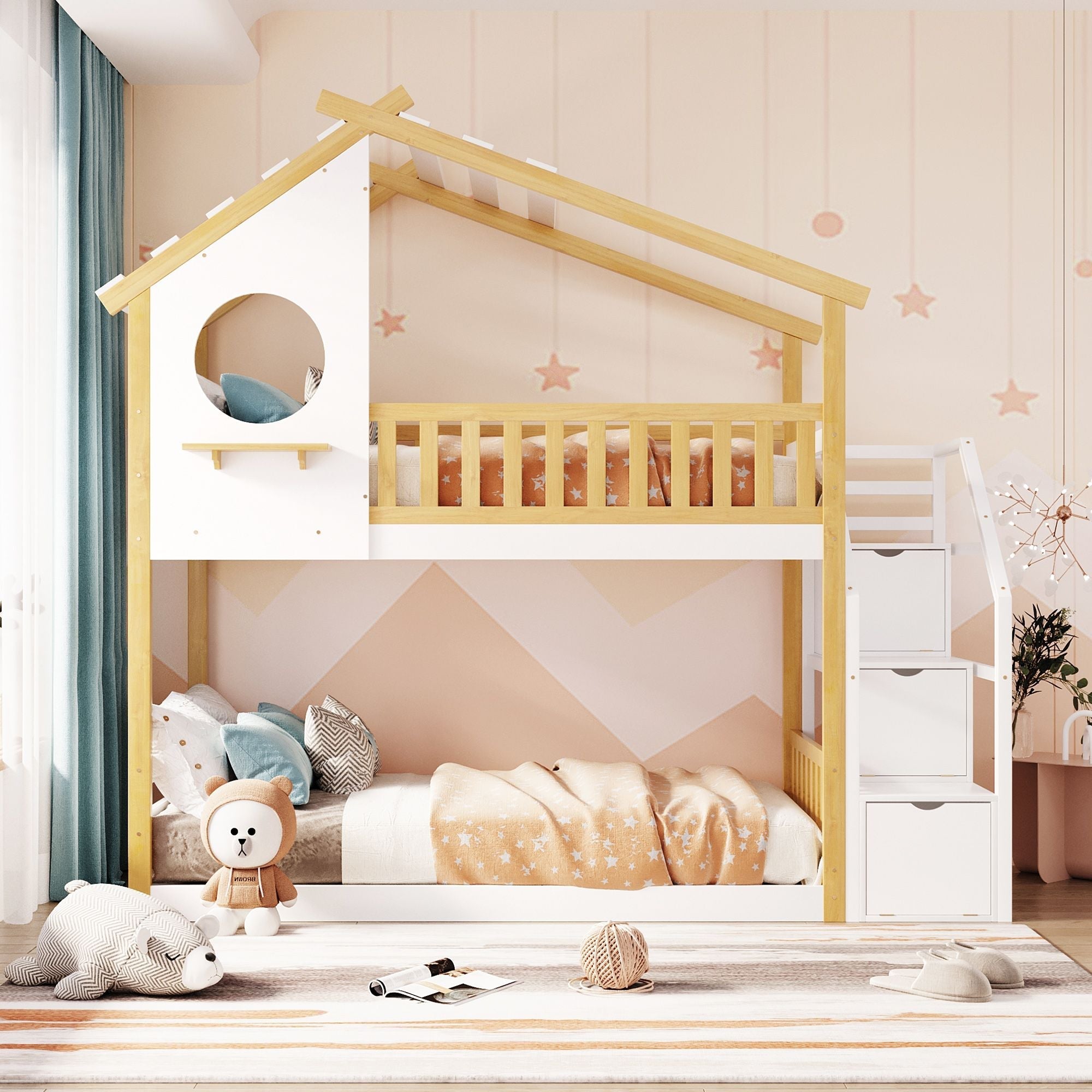 Kids Shared Room Twin Over Twin Wood Bunk Bed with Staircase Storage, House Design, and Guard Rail in Natural and White | Just Better Bunk Beds