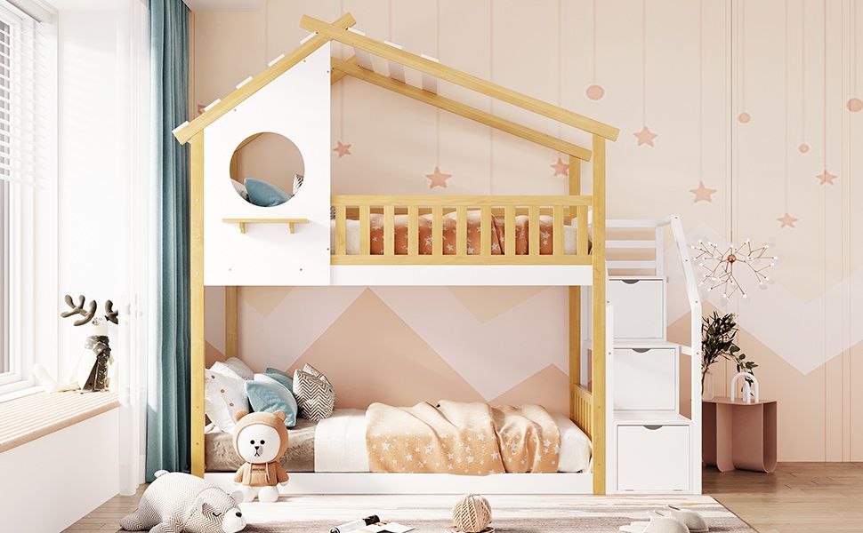 Kids Shared Room Twin Over Twin Wood Bunk Bed with Staircase Storage, House Design, and Guard Rail in Natural and White | Just Better Bunk Beds