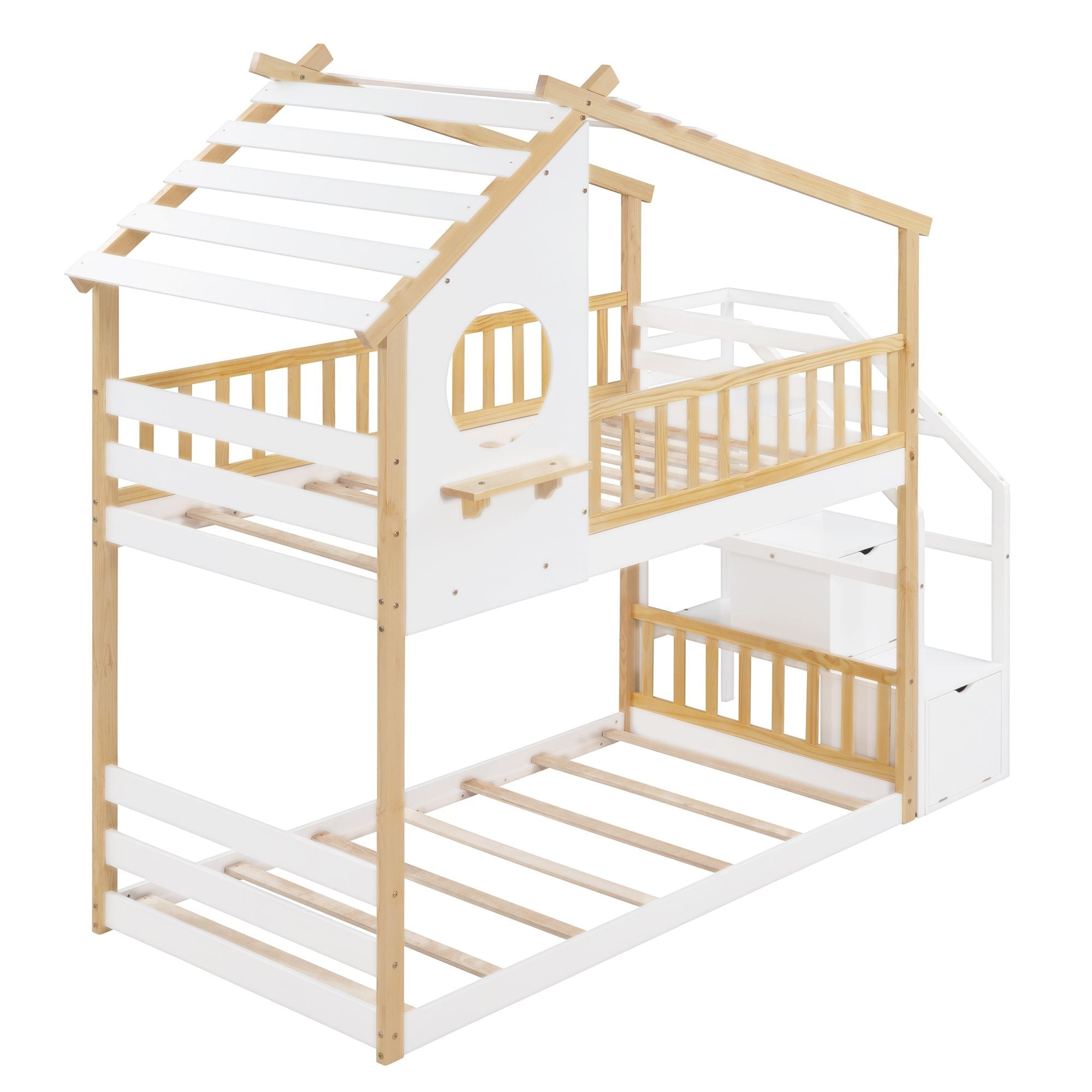 Kids Shared Room Twin Over Twin Wood Bunk Bed with Staircase Storage, House Design, and Guard Rail in Natural and White | Just Better Bunk Beds